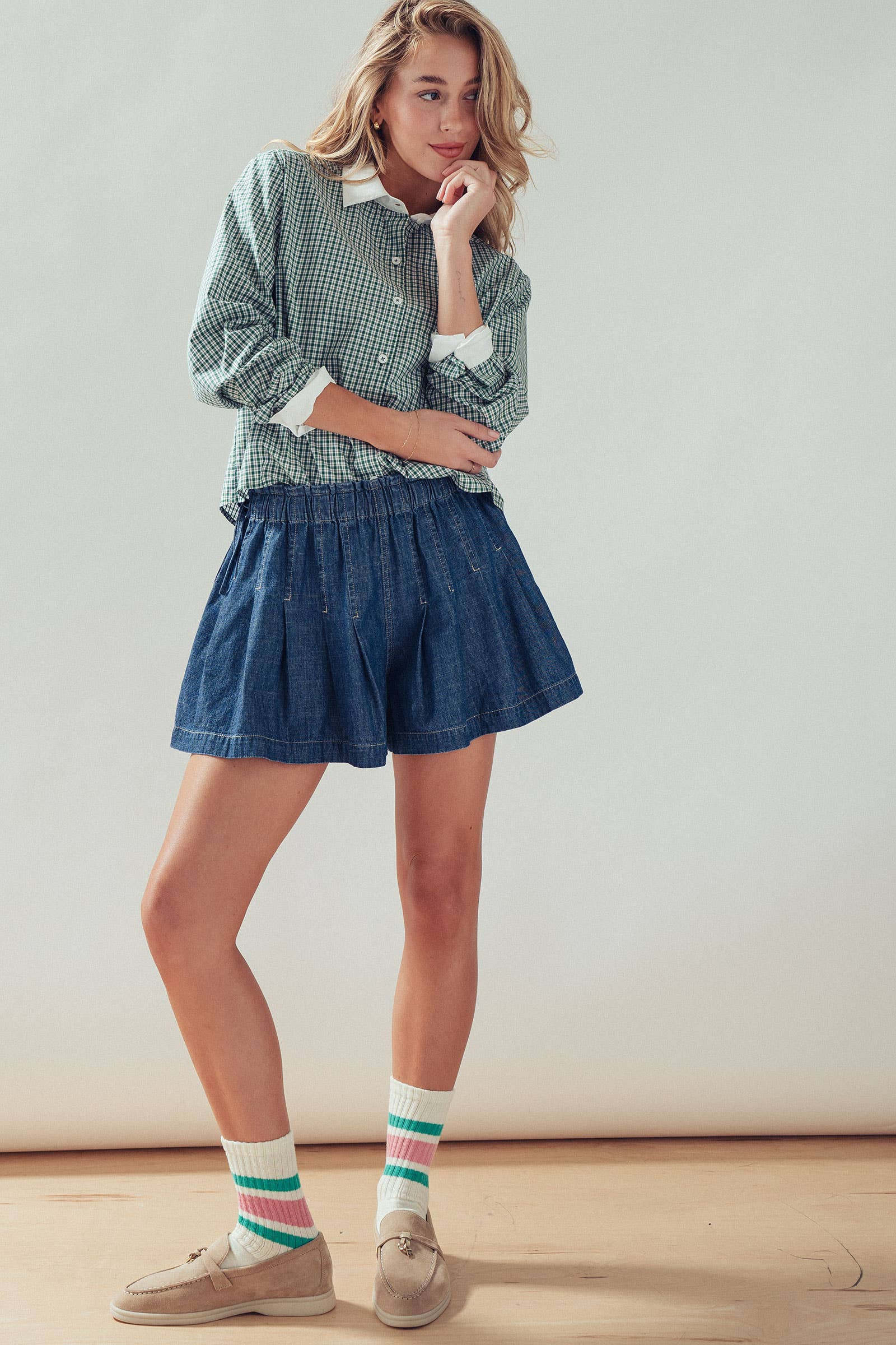 Pleated Denim Soft Shorts With Elastic Waist
