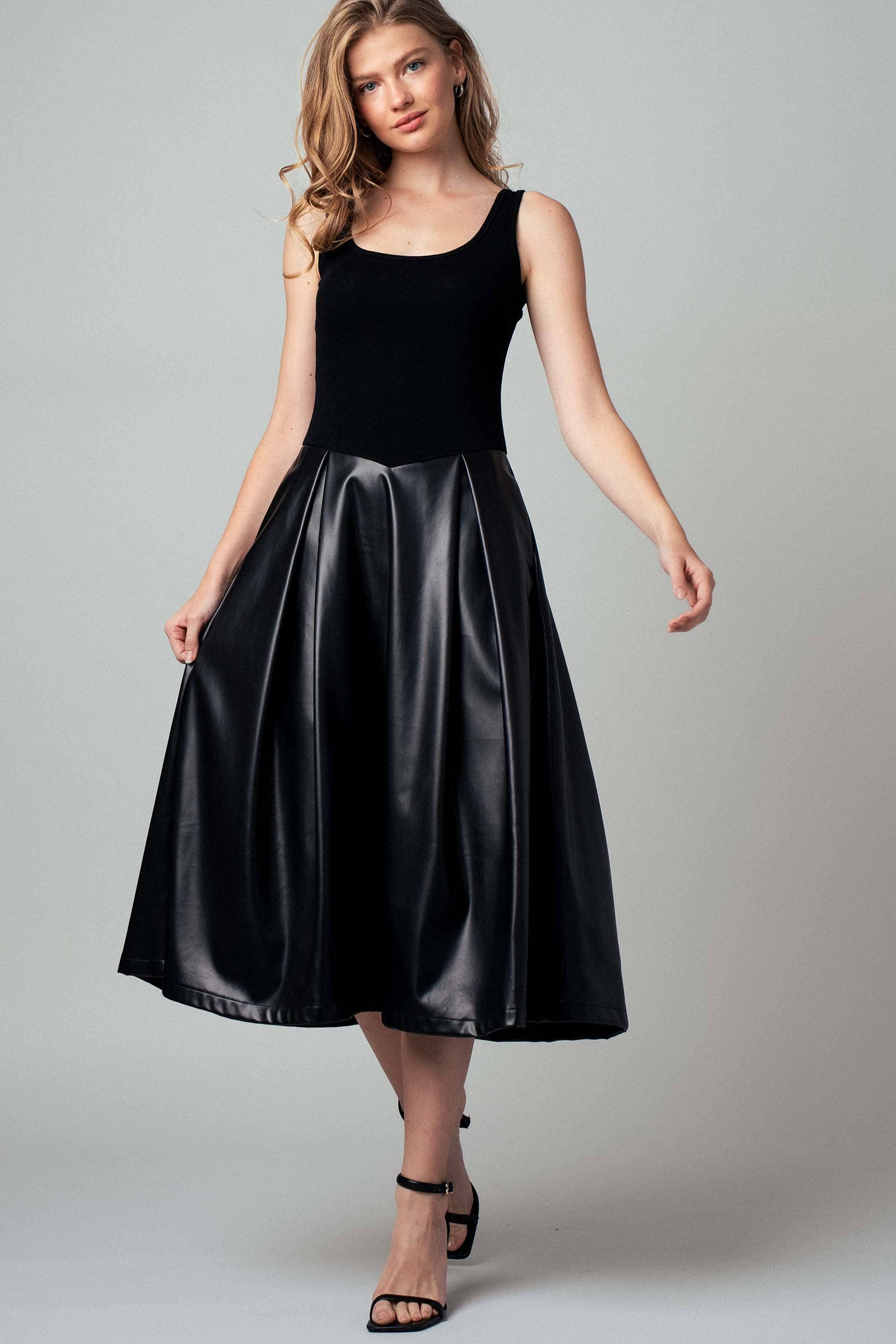 Faux Leather Contrast A-Line Midi Dress