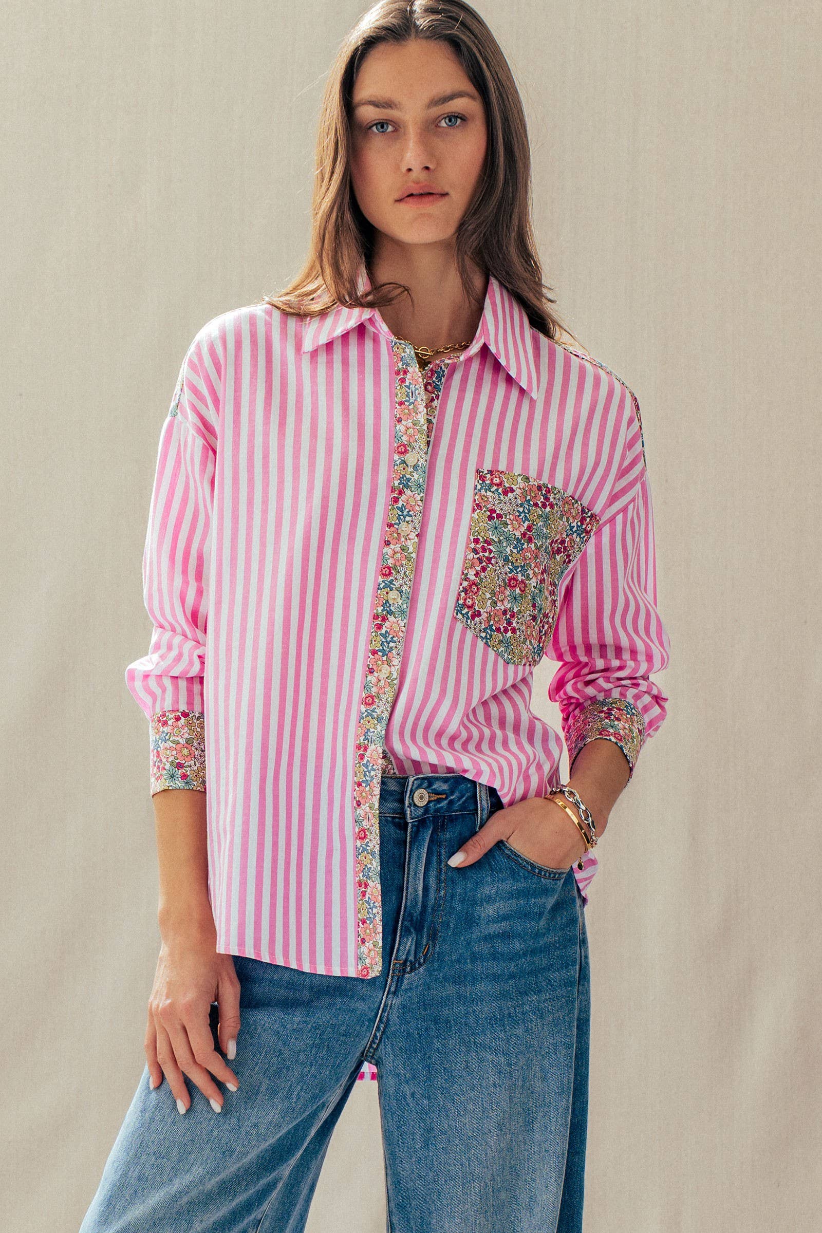 Floral Contrast Mixed Print Striped Shirt