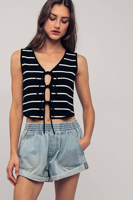 Urban Daizy Striped Tie-Front Cropped Knit Top Black White Knit Top - Women's (UDZ-TP-00750) – alternate view 21