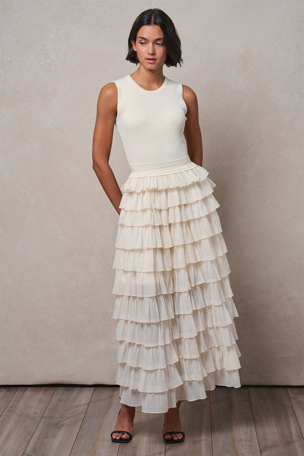 Tiered Ruffle Maxi Dress with Contrast Trim in IVORY - Women's Cocktail Dresses | Urban Daizy
