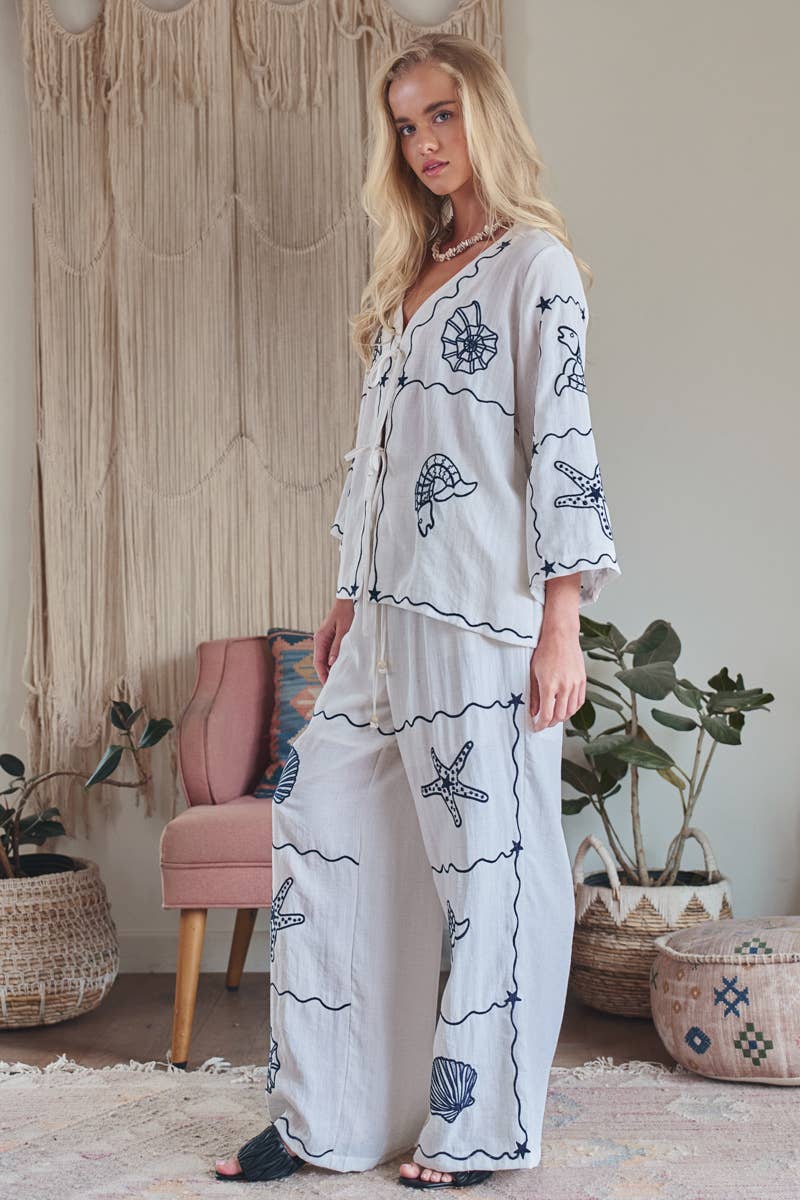 Seashell Embroidered Linen Blend Wide Leg Pants