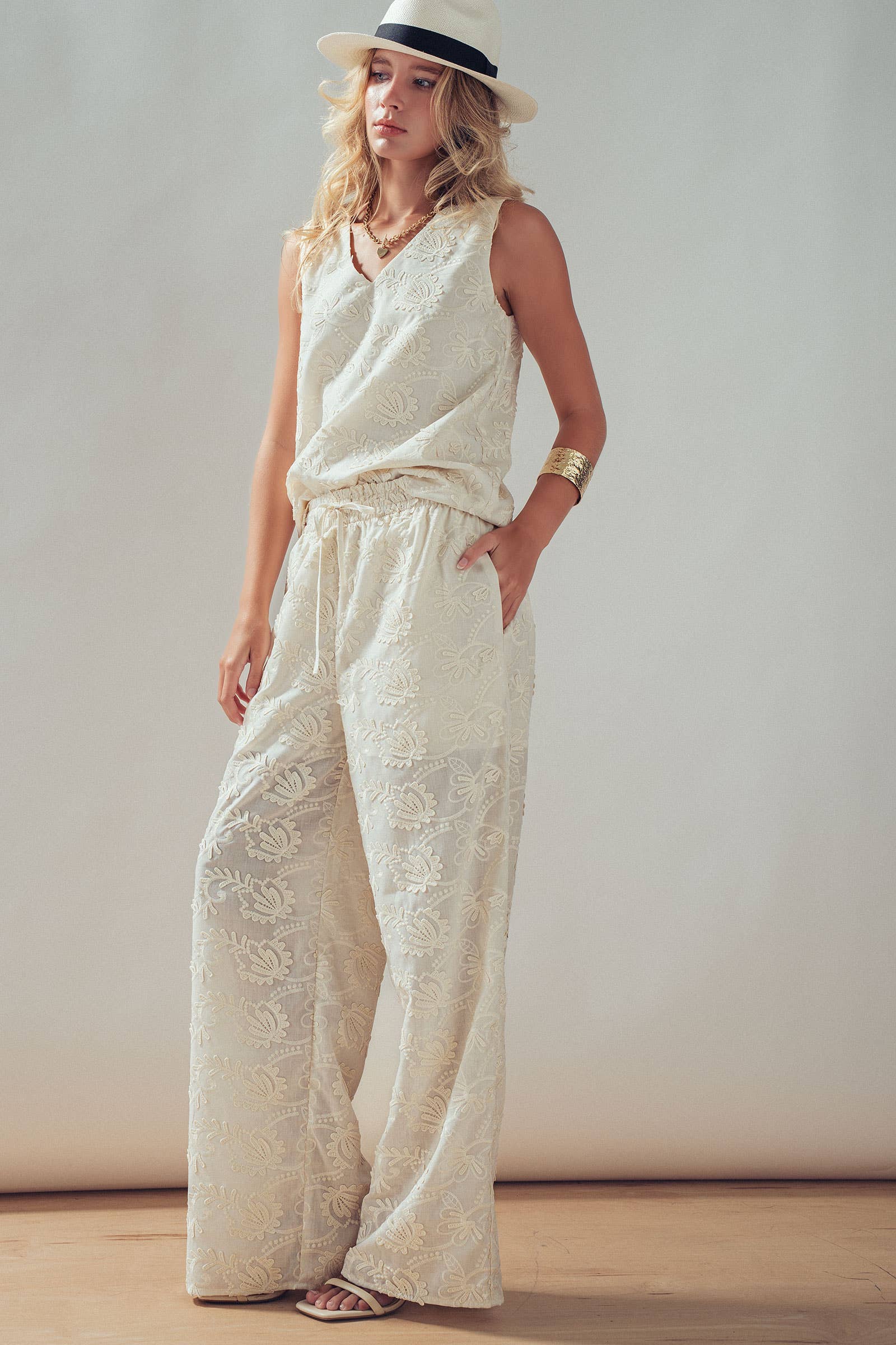 Floral Embroidered Cotton Top And Pant Set