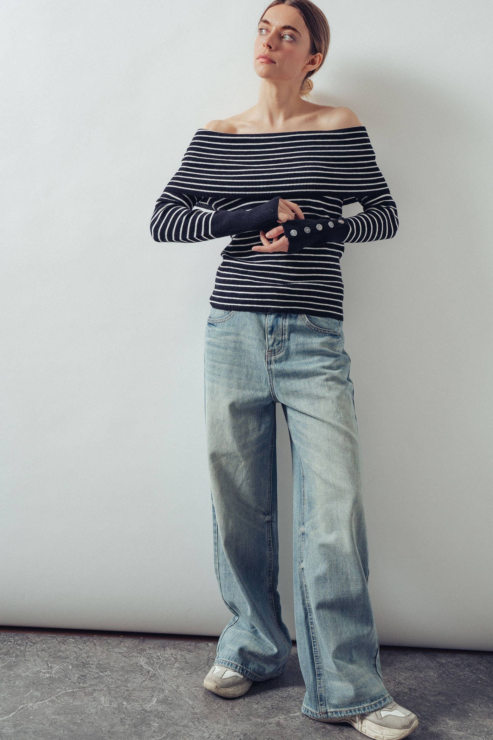 Off-Shoulder Striped Knit Top