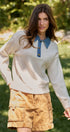 Denim Collar Polo Sweater with Gold Buttons in IVORY - Women's Sweaters | Urban Daizy