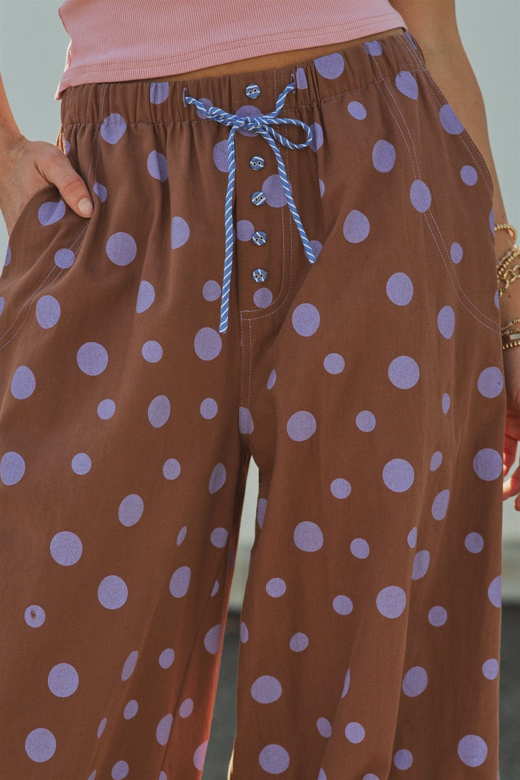 Retro Candy Pop Polka Dot Pants in BROWN BLUE - Women's Pants | Urban Daizy