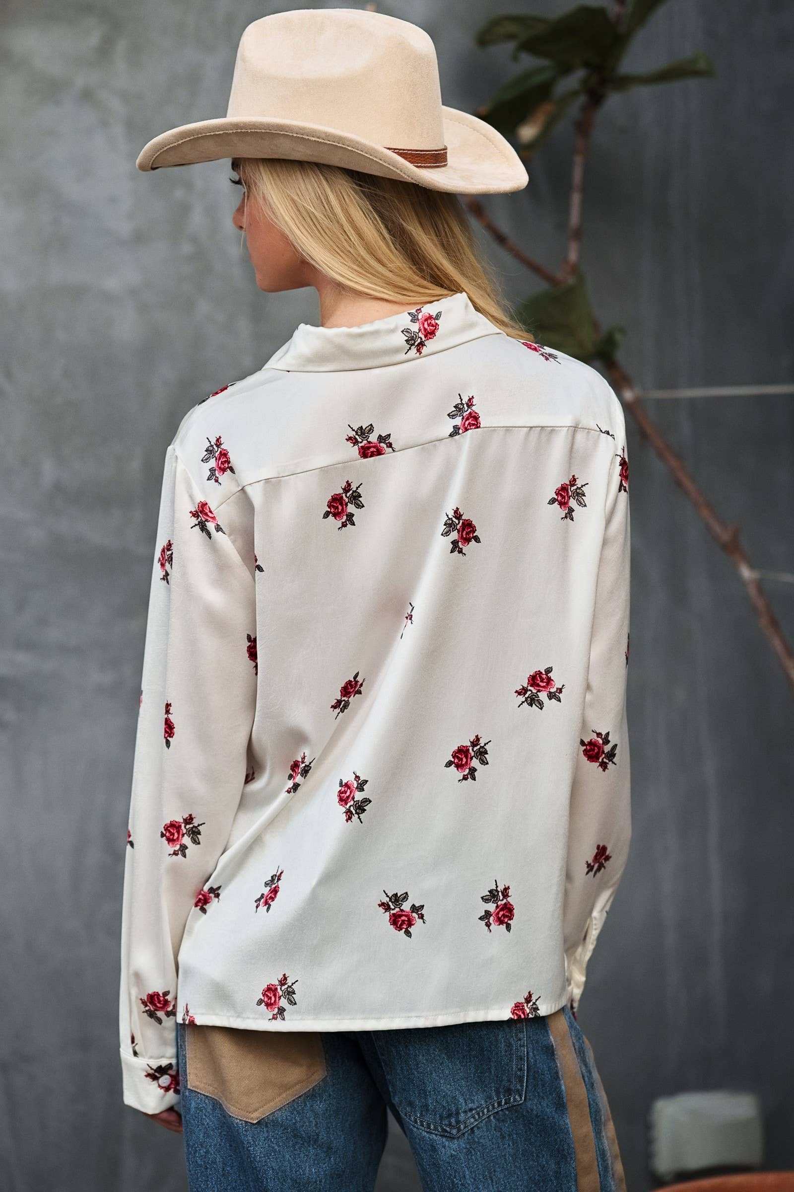 Rose Print Satin Button-Up Blouse