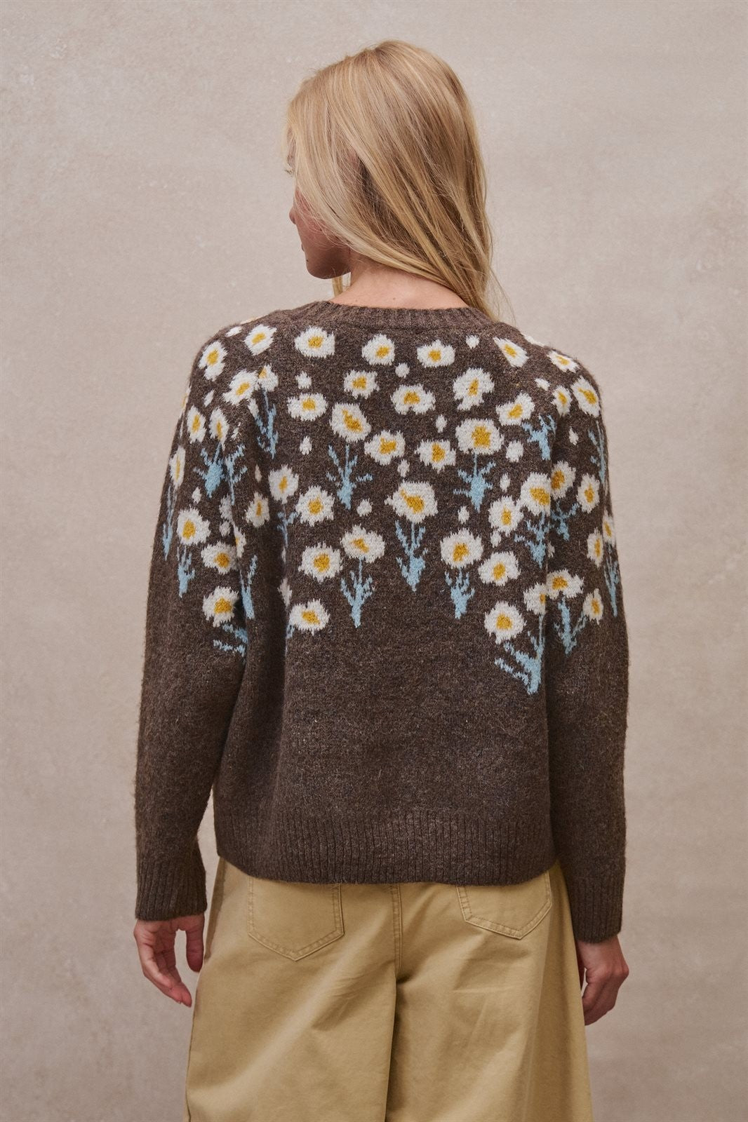 Embossed Floral Knit Sweater in BROWN - Women's Sweaters | Urban Daizy