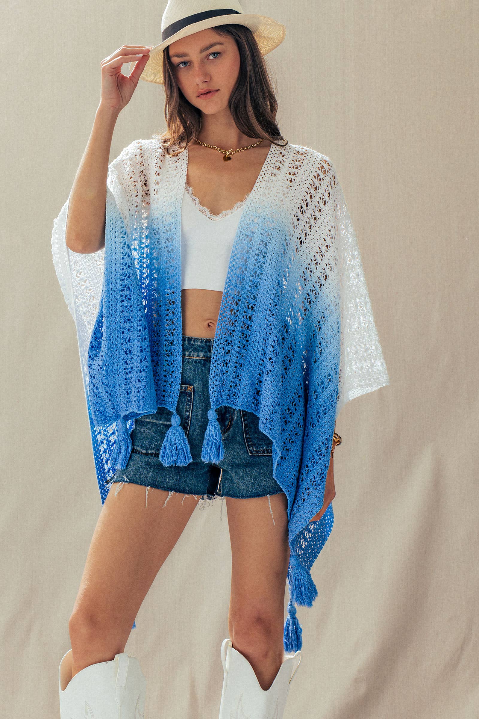 Urban Daizy Ombre Crochet Knit Poncho Tassel Cover-Up Sage Poncho - Women's (UDZ-OT-00492) – alternate view 12