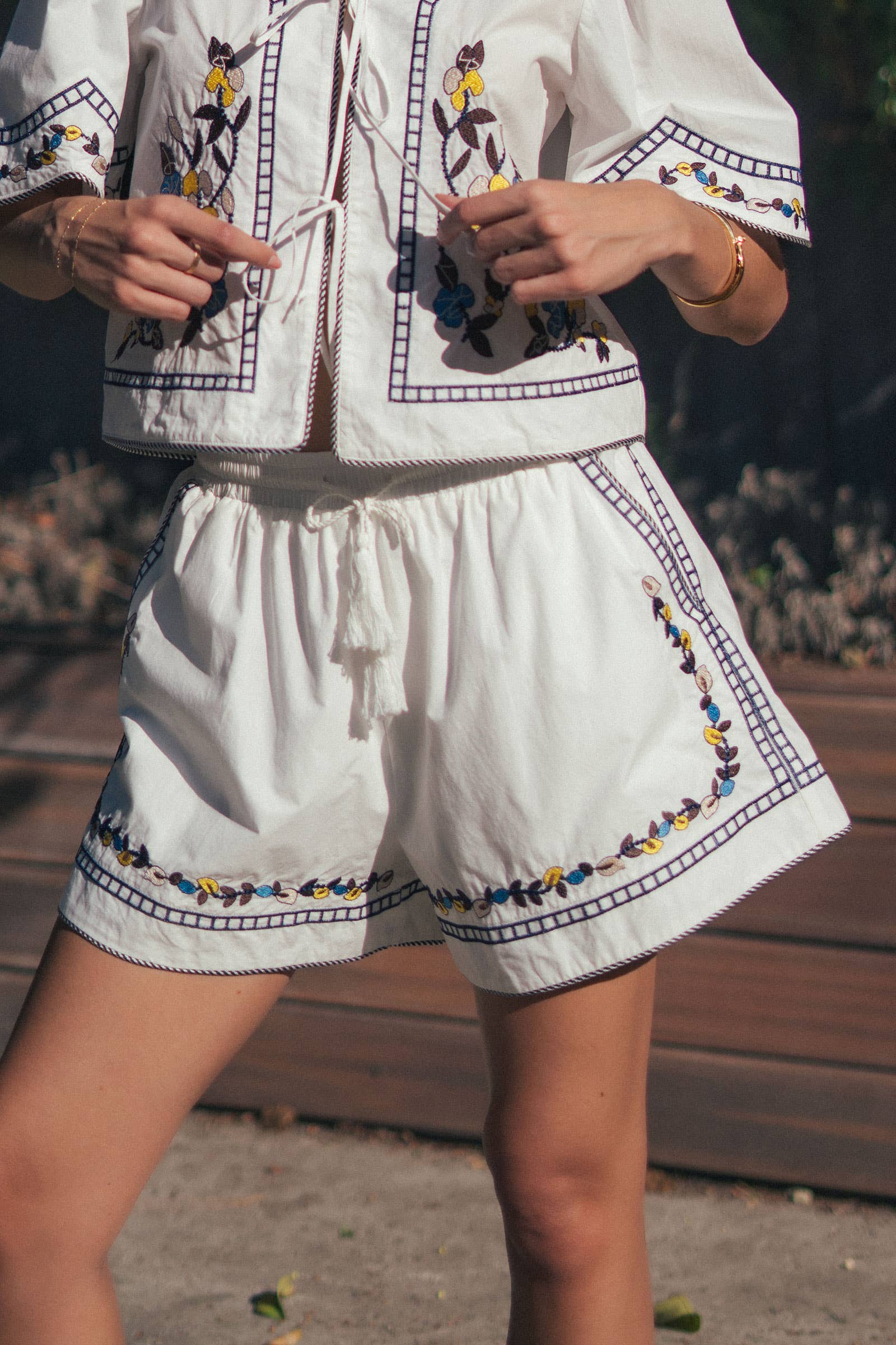 Urban Daizy Floral Embroidered Drawstring Cotton Shorts Navy Shorts - Women's (UDZ-PT-00453)