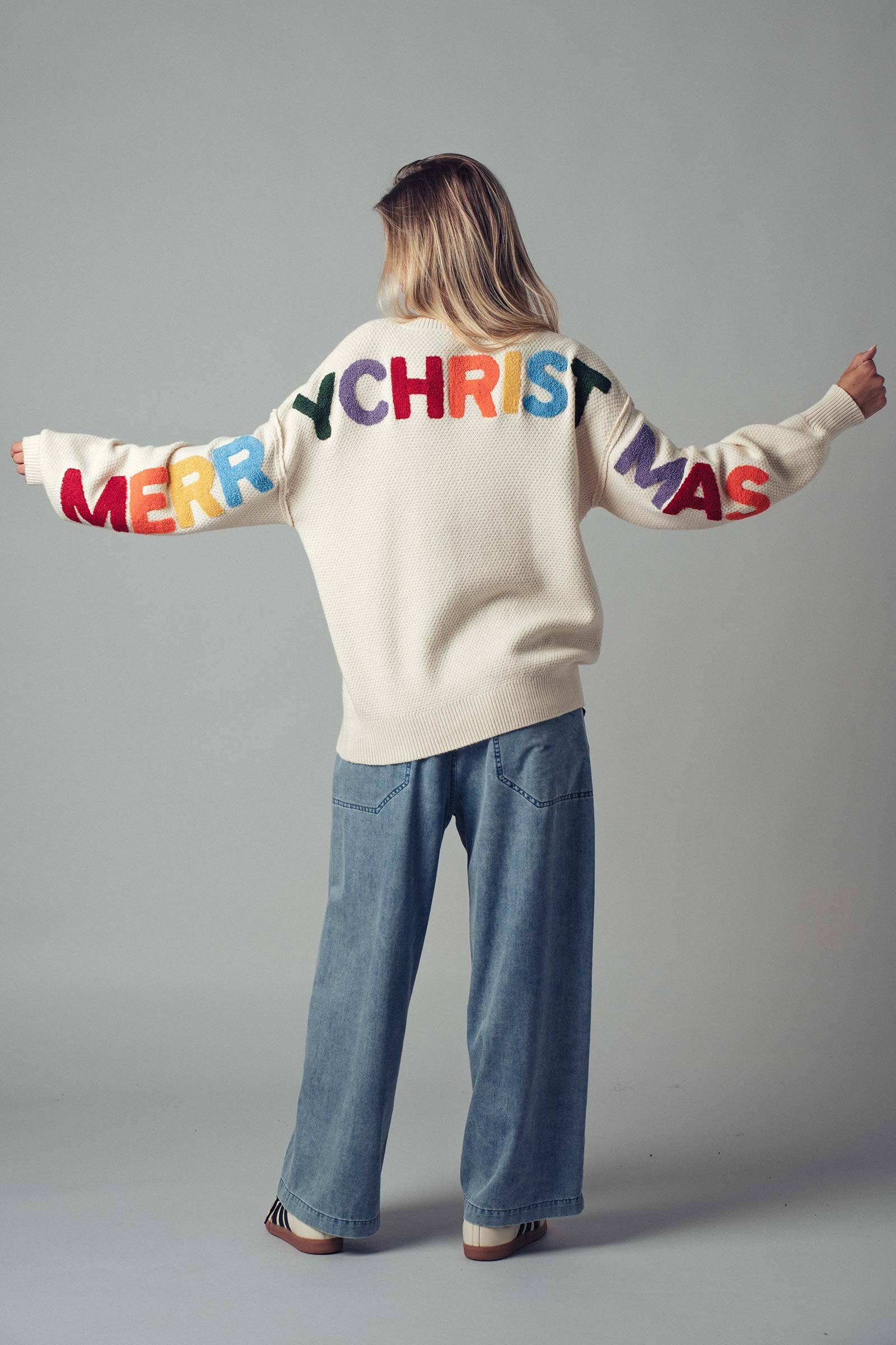Urban Daizy Rainbow Graphic Lettering Oversized Knit Sweater Cream Knit Sweater - Women's (UDZ-TP-00814)
