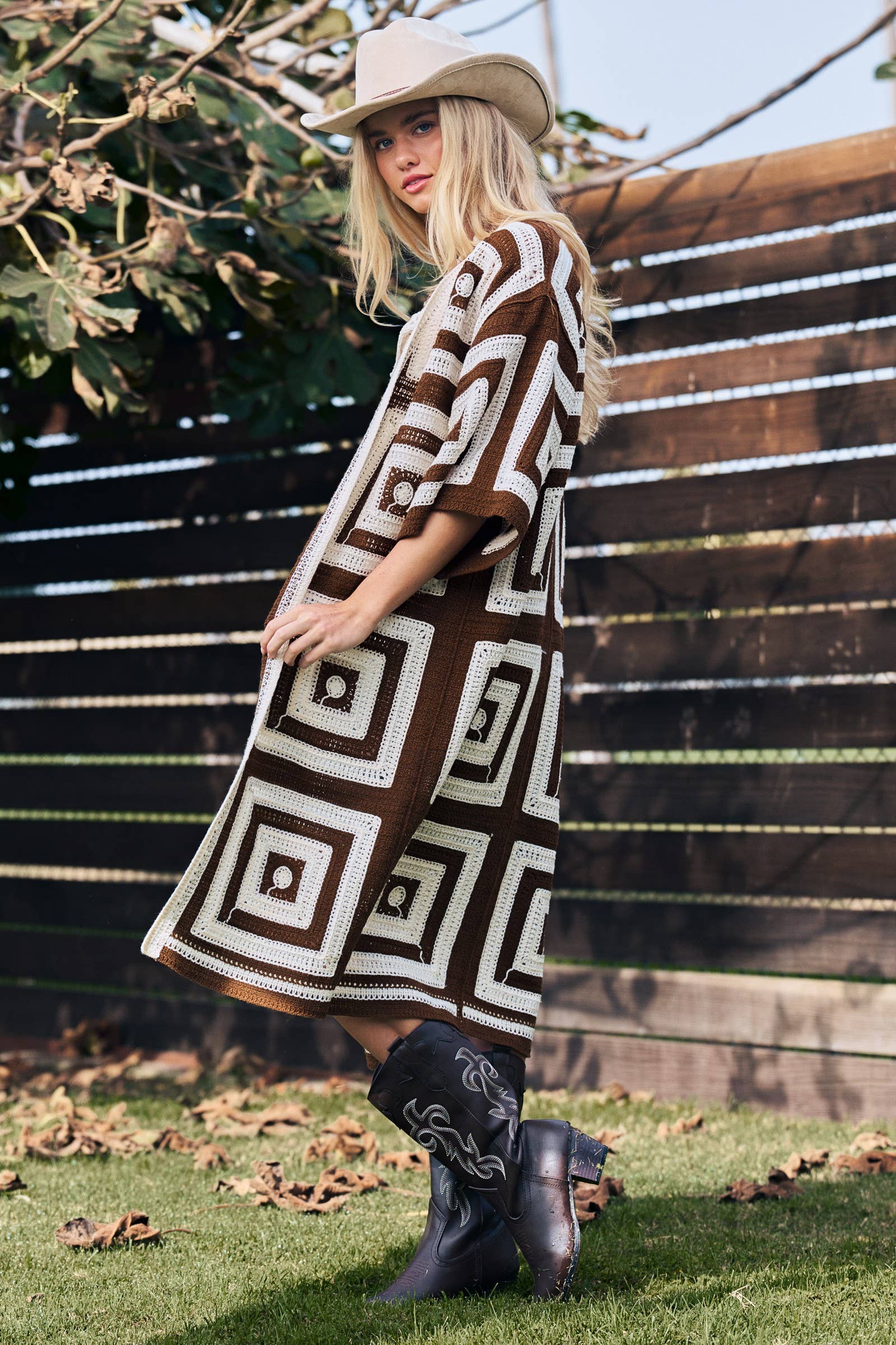 Geometric Granny Square Crochet Open Front Cardigan
