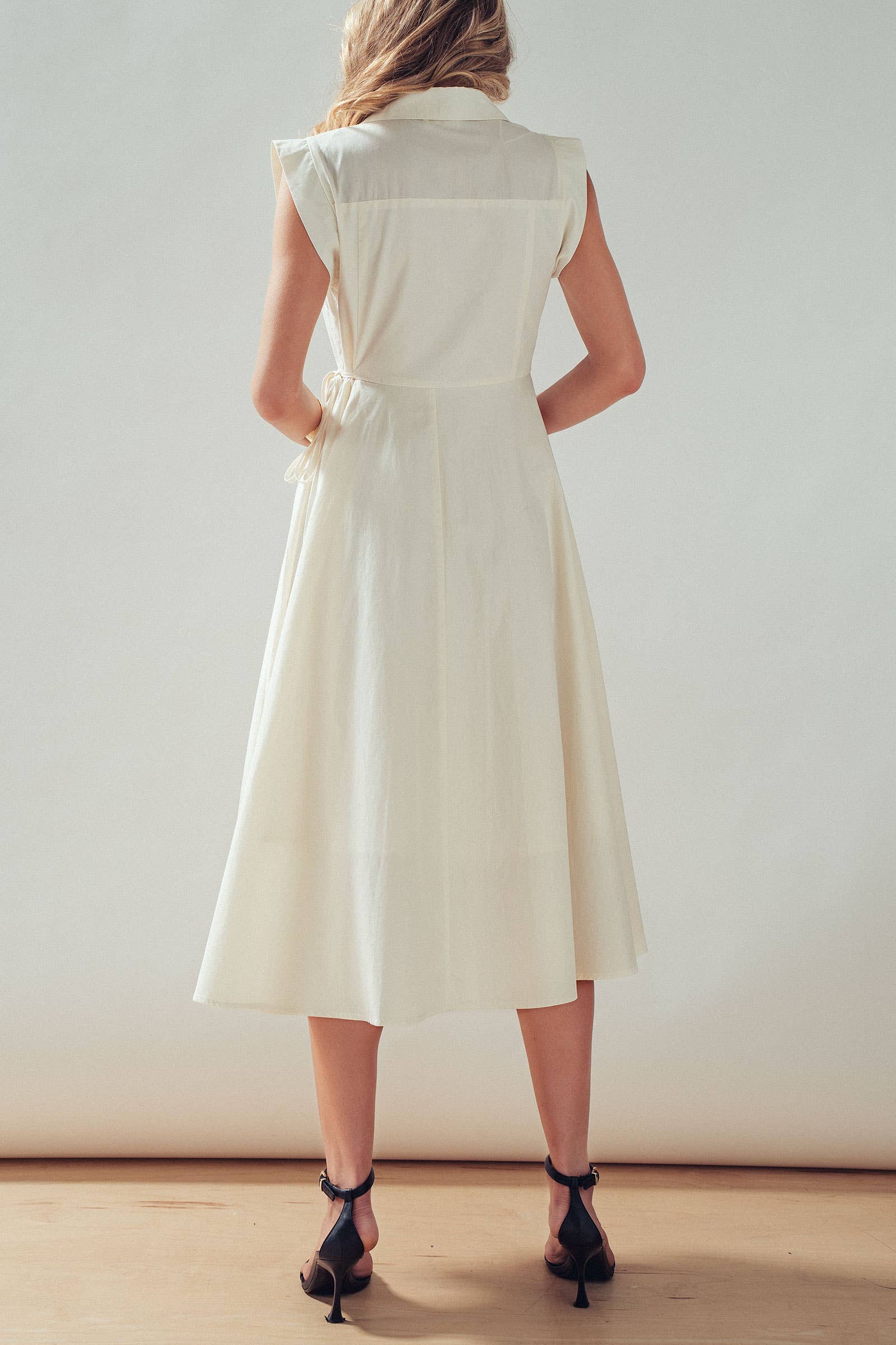 Collared Cap Sleeve Wrap Midi Dress