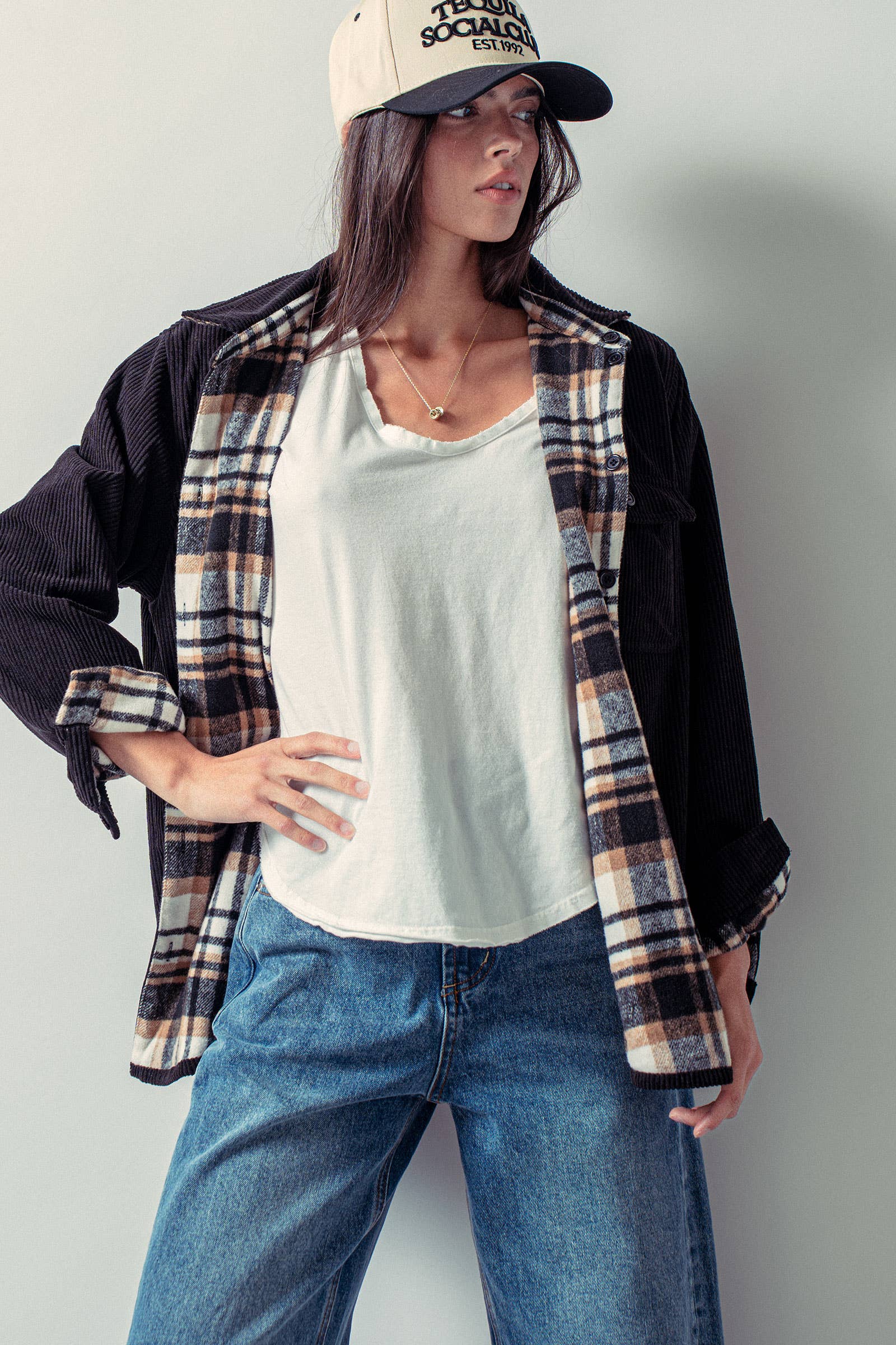 Urban Daizy Plaid Flannel-Lined Corduroy Shacket Taupe Shirt Jacket/Shacket - Women's (UDZ-KN-00150) – alternate view 20
