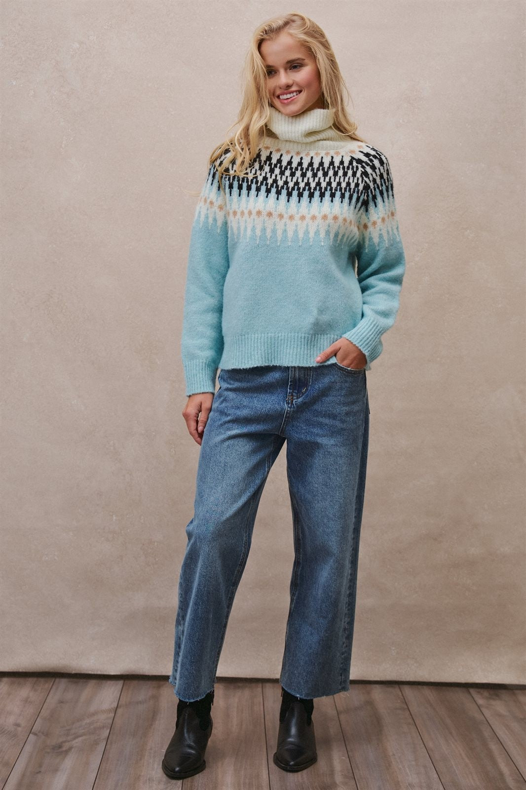 Icelandic Yoke Turtleneck Sweater in PASTEL BLUE - Women's Sweaters | Urban Daizy