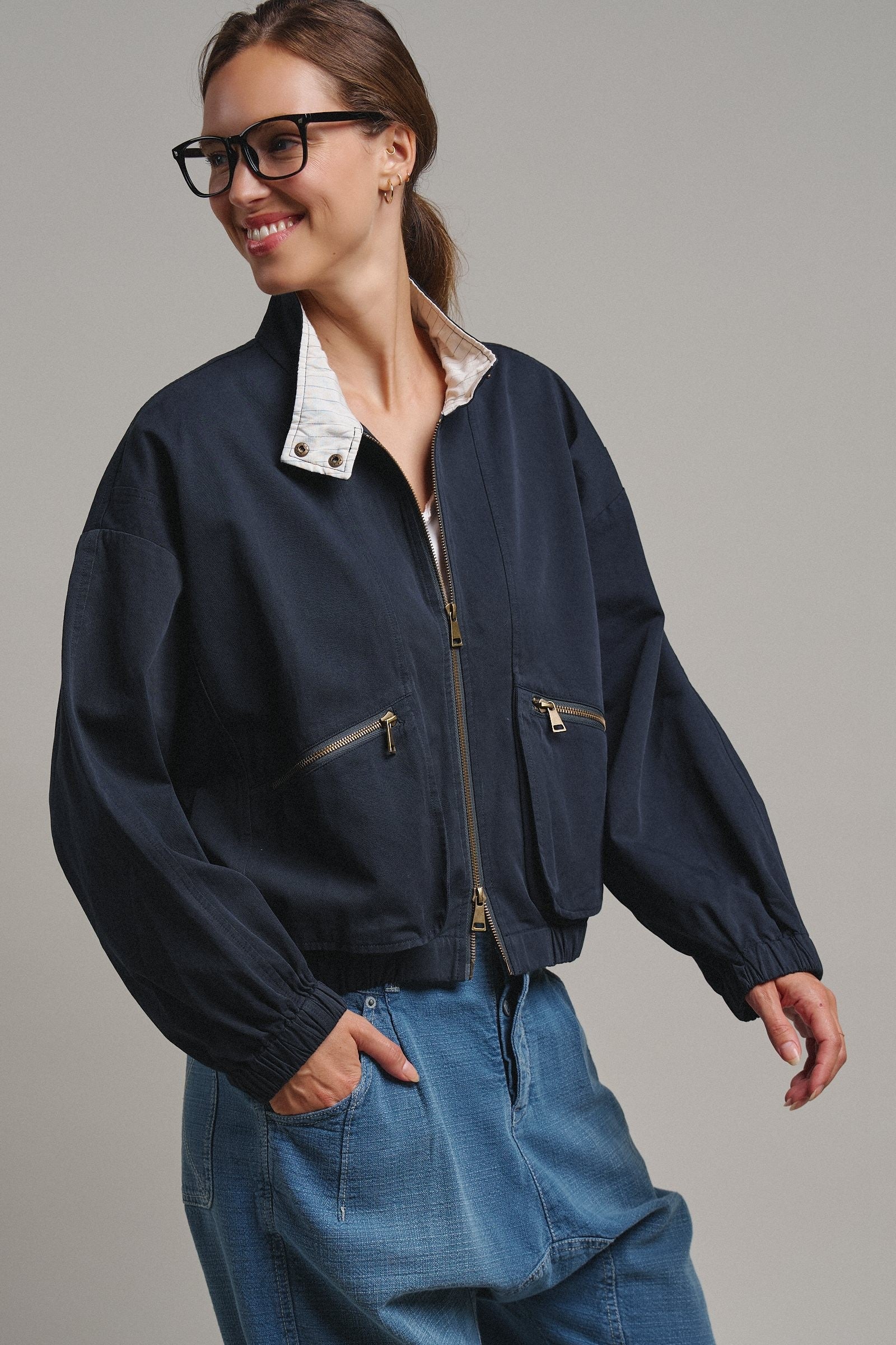 Cropped Zip Bomber Jacket in NAVY - Women's Jackets & Blazers | Urban Daizy