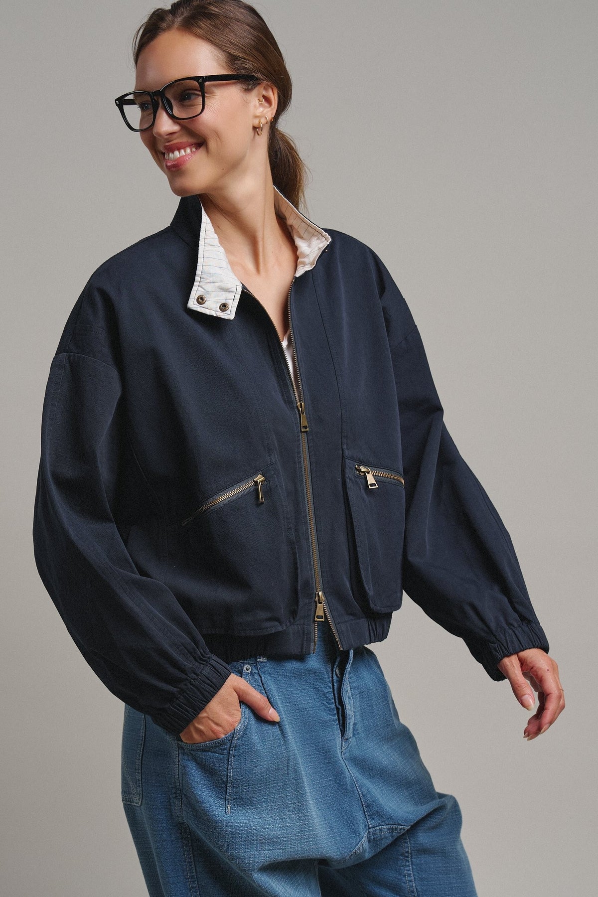 Cropped Zip Bomber Jacket in NAVY - Women's Jackets & Blazers | Urban Daizy