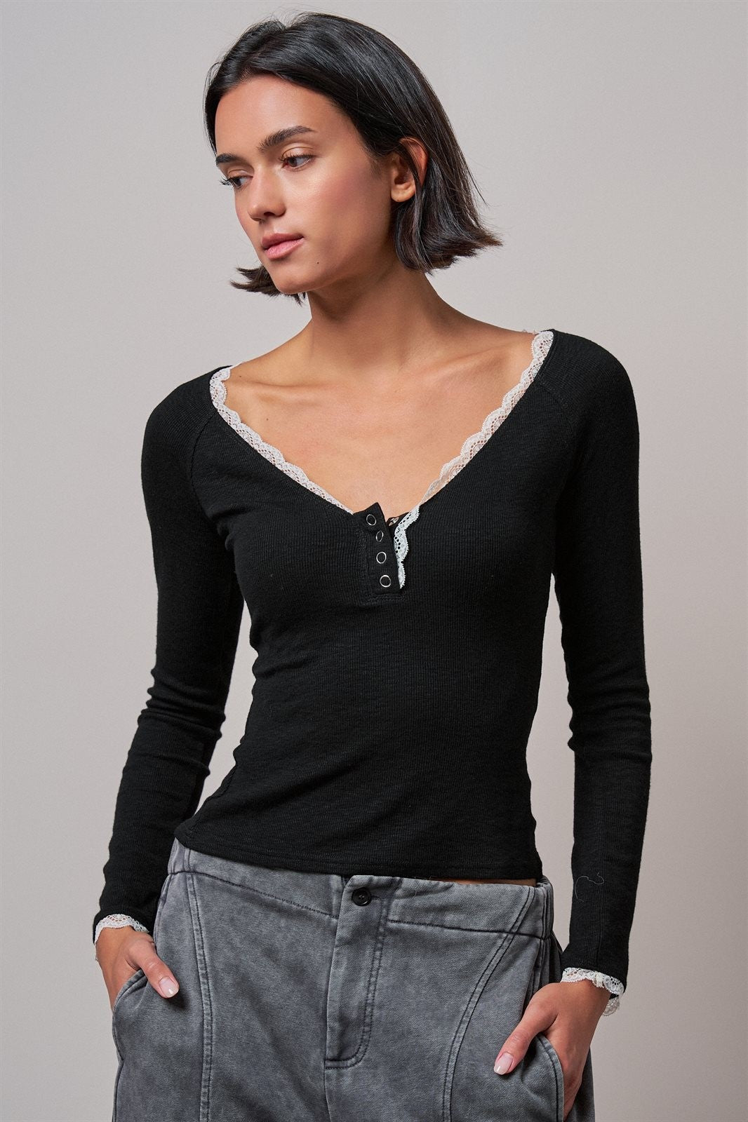 Pretty Little Lace Trim Henley in BLACK - Women's T-Shirts & Polos | Urban Daizy