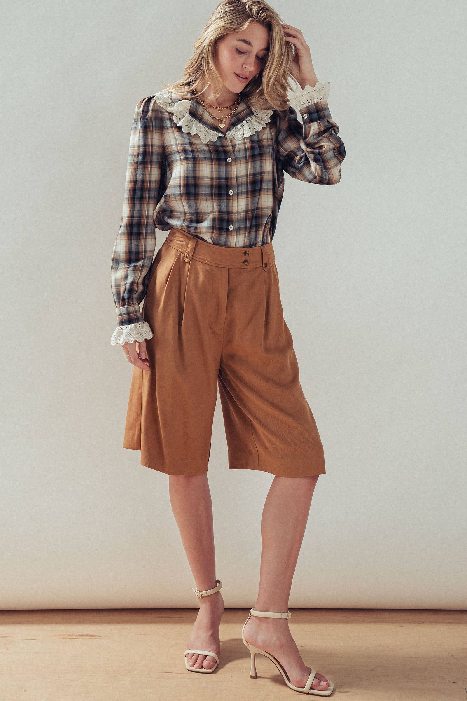 Tencel Plaid Blouse With Eyelet Lace Collar