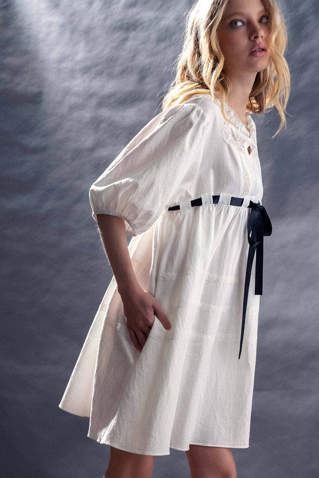 Urban Daizy Square Neck Lace Trim Bow Detail Empire Waist Dress Ivory Dress - Women's (UDZ-DR-00332) – alternate view 5