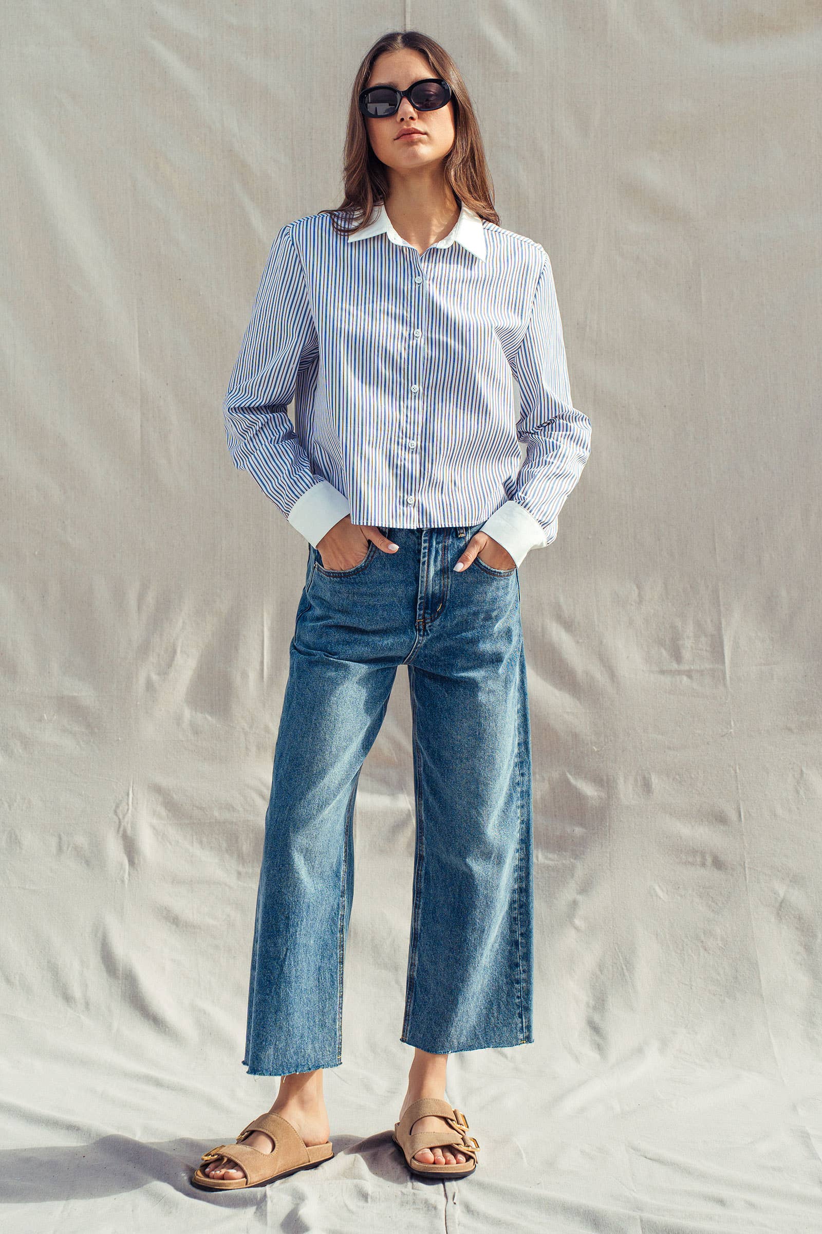 Stripe Contrast Collar Button Down Shirt