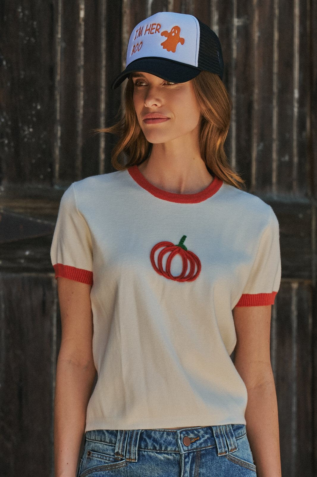 Pumpkin Embroidered Crew Neck Knit Tee in IVORY - Women's Sweaters | Urban Daizy