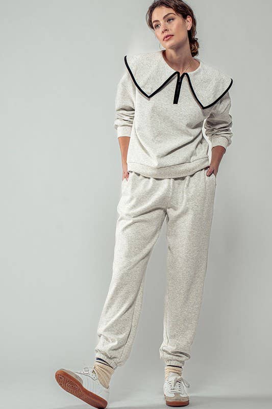 Urban Daizy Statement Sailor Collar Quarter Zip Lounge Set H-Grey Black Top & Pant Set (NOT Loungewear) - Women's… –…