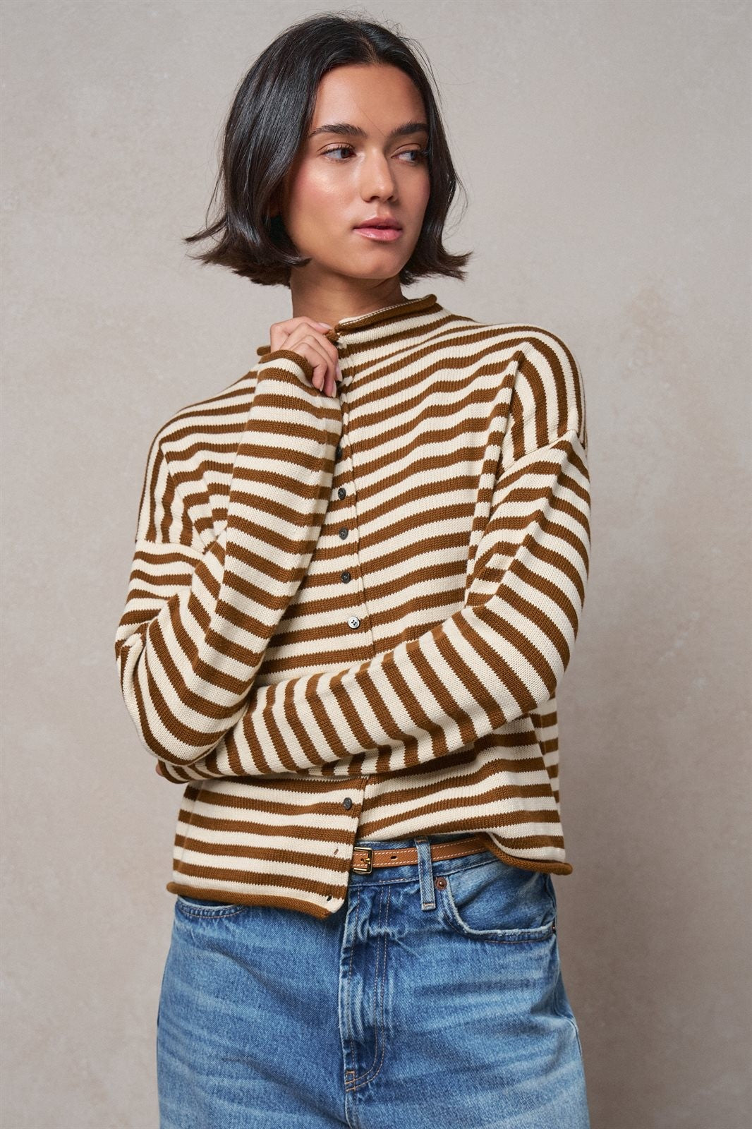 Striped Polo Collar Button Sweater with Rolled Edges in IVORY BROWN - Women's Cardigans & Shrugs | Urban Daizy