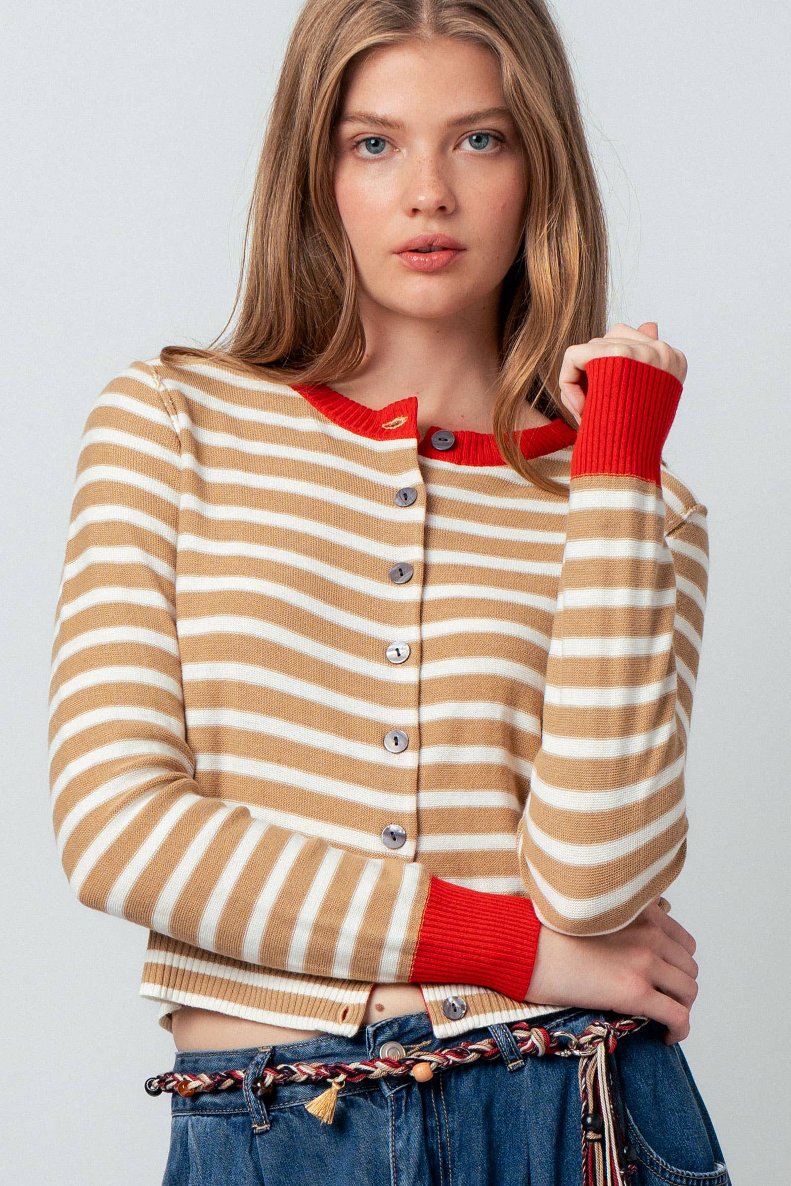 Striped Knit Cropped Button-Up Cardigan