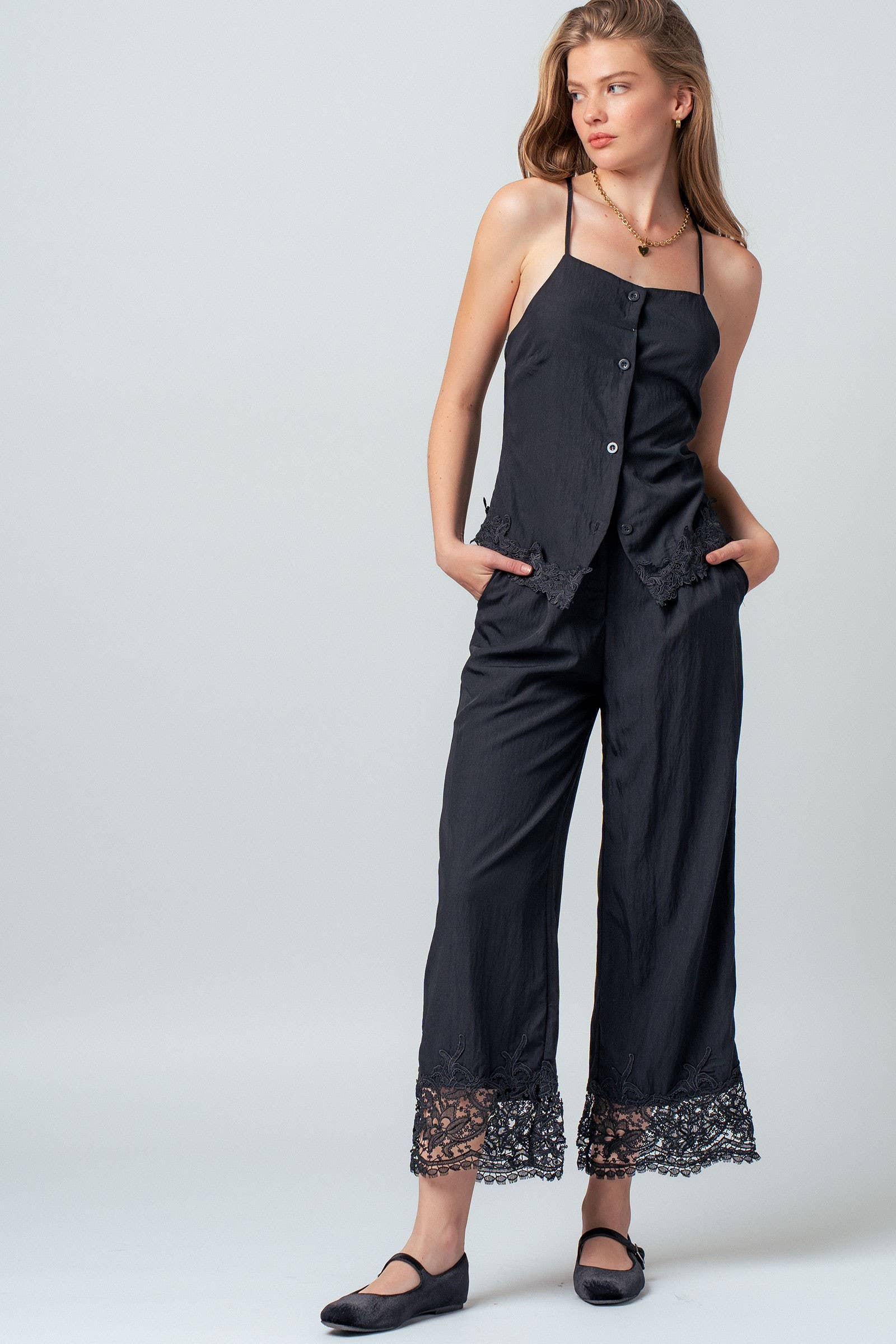 Crinkle Rayon Lace Trim Jumpsuit