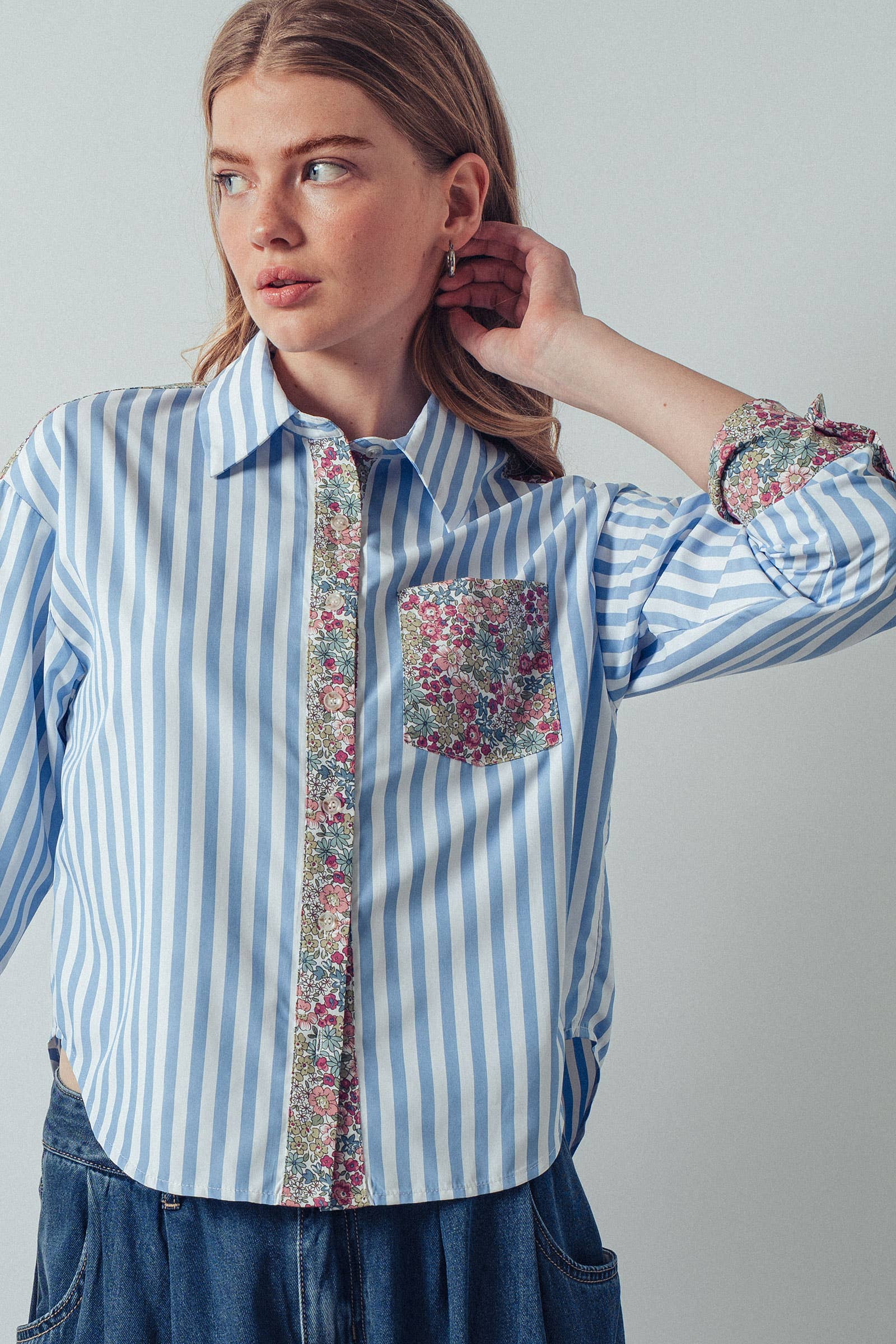 Floral Contrast Mixed Print Striped Shirt