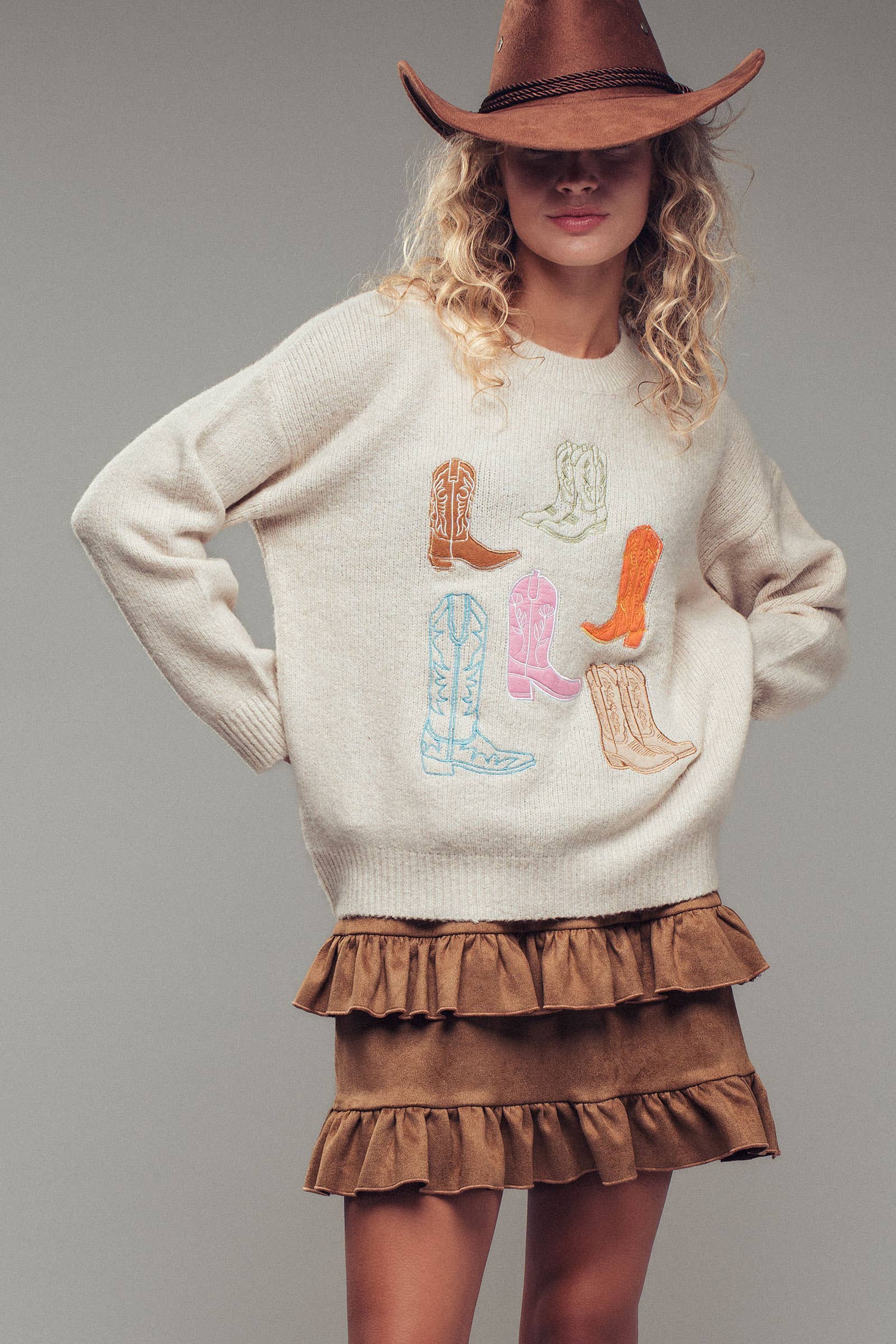 Urban Daizy Western Embroidered Cowboy Boot Sweater Ivory Knit Sweater - Women's (UDZ-KN-00656)