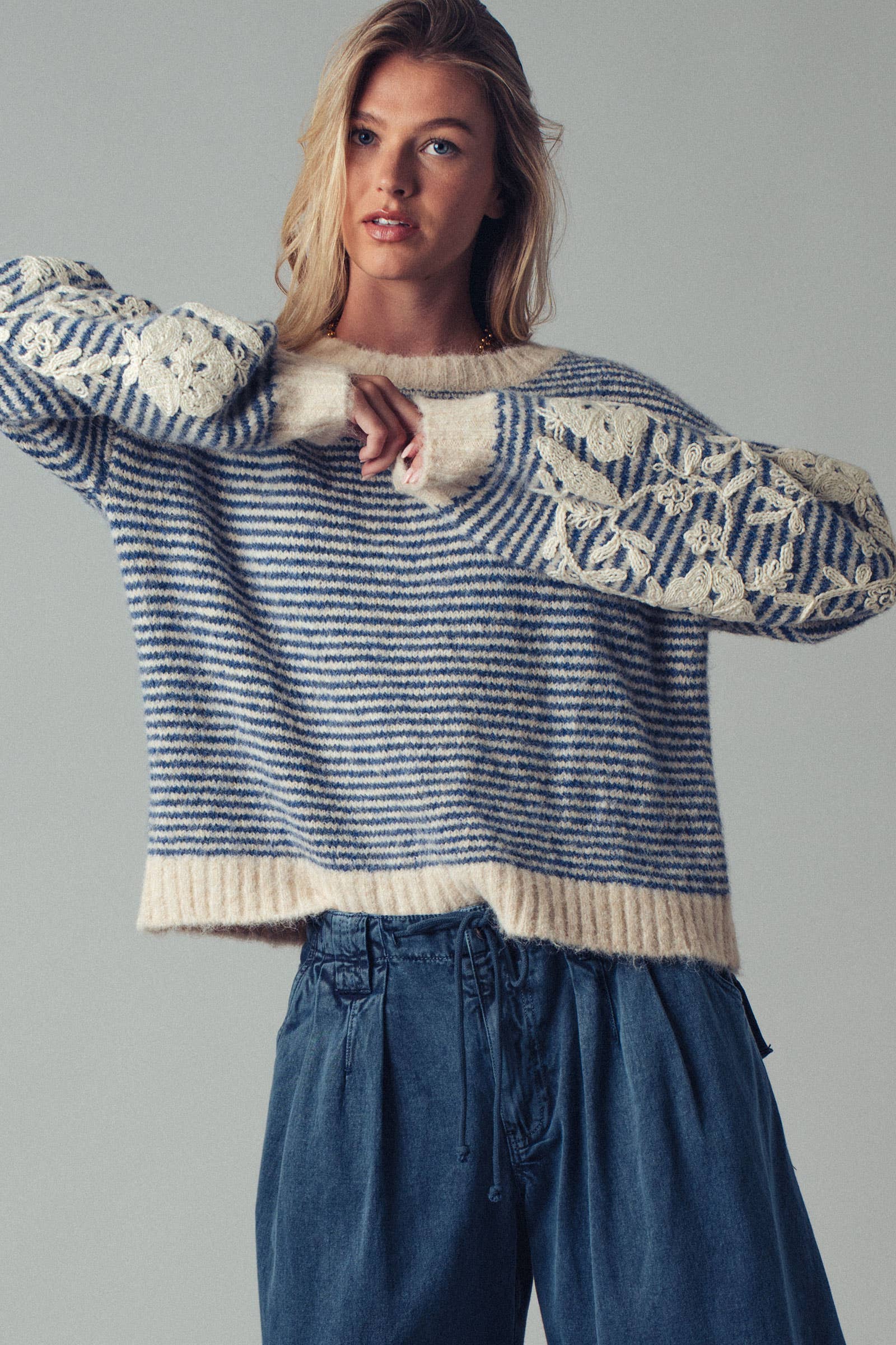 Urban Daizy Floral Embroidered Striped Knit Sweater Brown Knit Sweater - Women's (UDZ-TP-00814) – alternate view 11