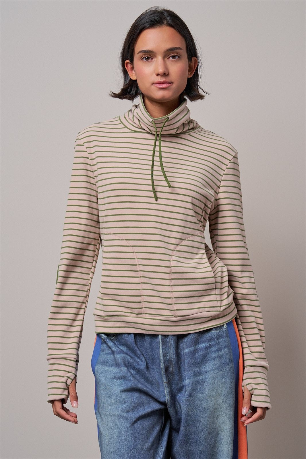 Striped Cowl Neck Drawstring Pullover Sweatshirt in PINK - Women's Sweatshirts & Hoodies | Urban Daizy