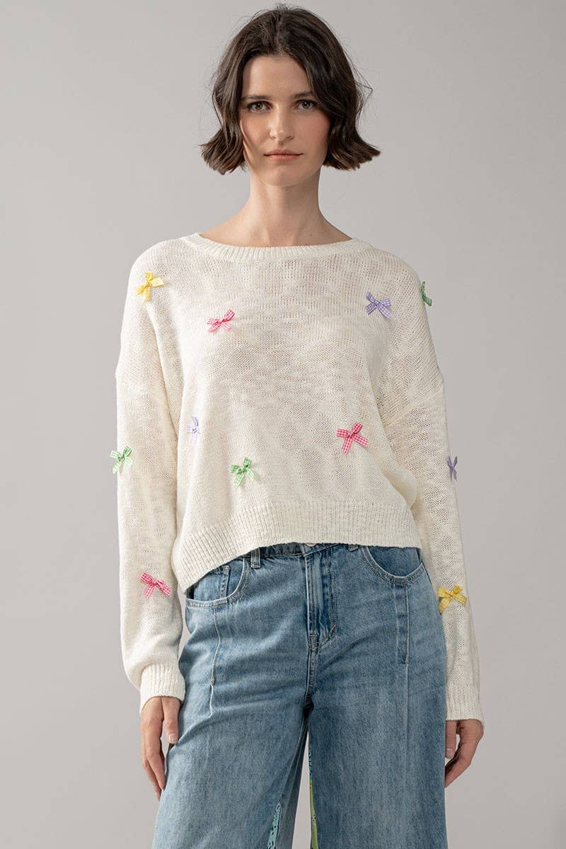 Urban Daizy Multicolor Gingham Bow Crew Neck Knit Sweater Ivory Knit Sweater - Women's (UDZ-KN-00057) – alternate view 5