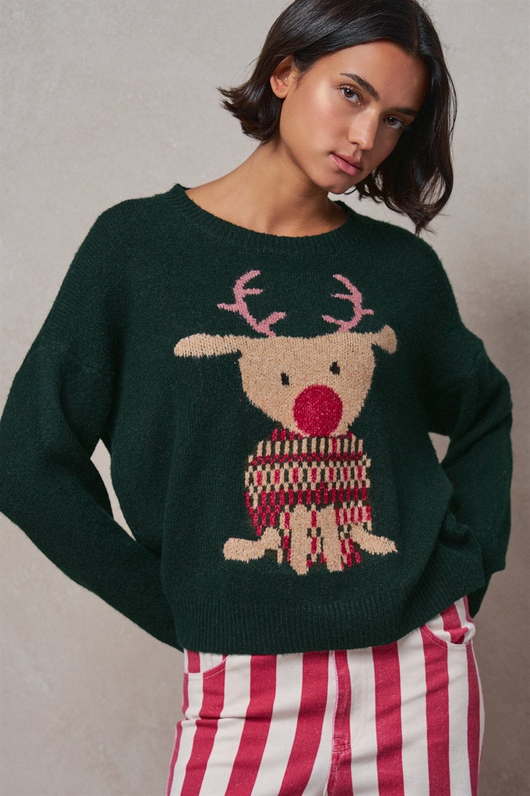 Rudolph Crewneck Knit Sweater in H GREEN - Women's Sweaters | Urban Daizy
