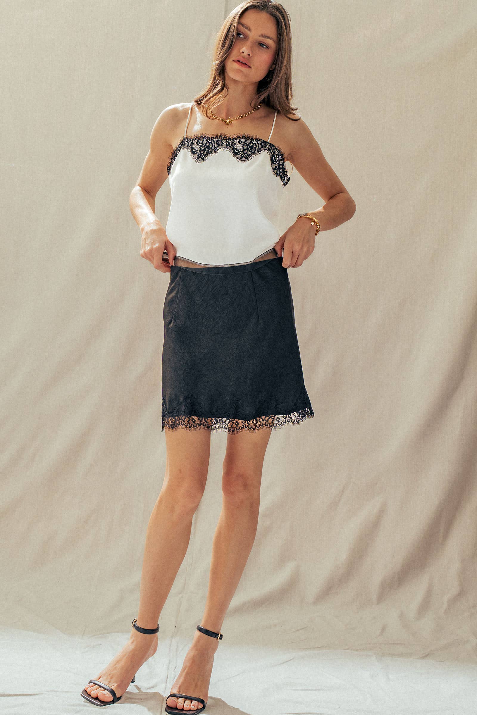 Scalloped Lace Trim Satin Camisole Top