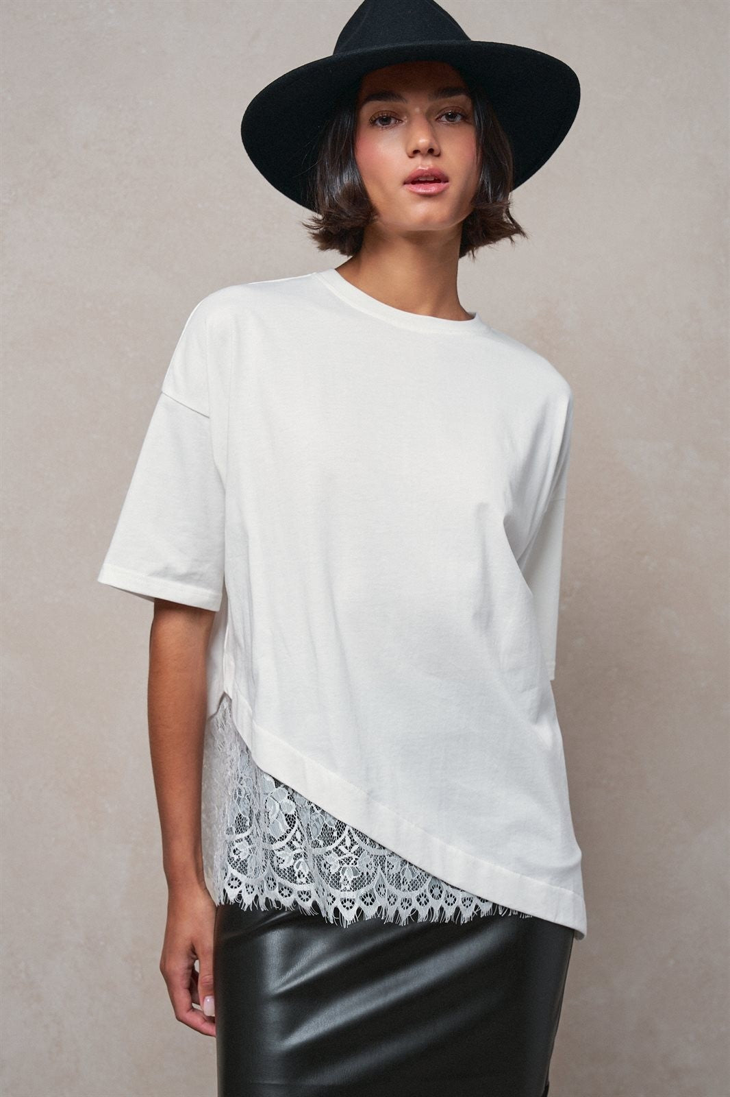 Oversized Cotton Tee with Asymmetric Lace Hem in WHITE - Women's T-Shirts & Polos | Urban Daizy