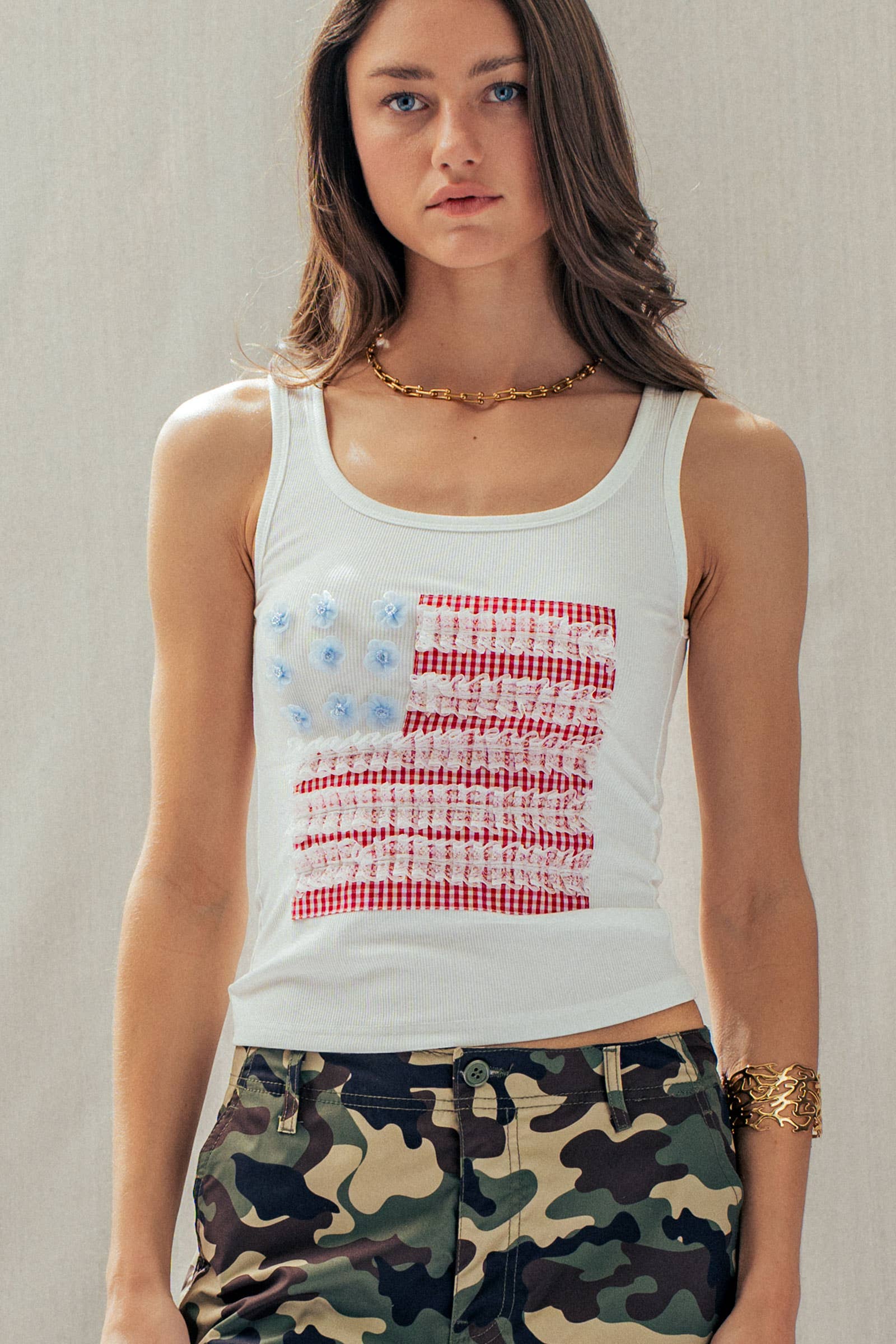 Urban Daizy Gingham & Lace American Flag Patch Ribbed Tank White Tank Top - Women's (UDTP1415) – alternate view 2