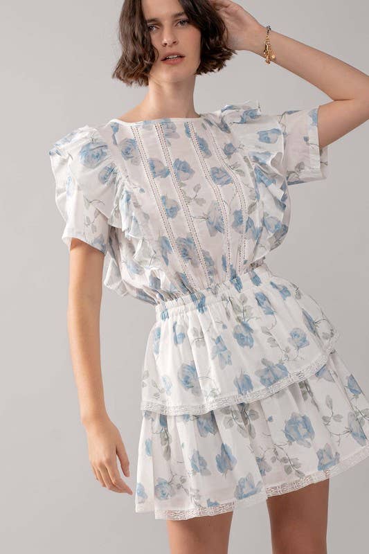 White Blue Floral Ruffle Sleeve Tiered Mini Dress