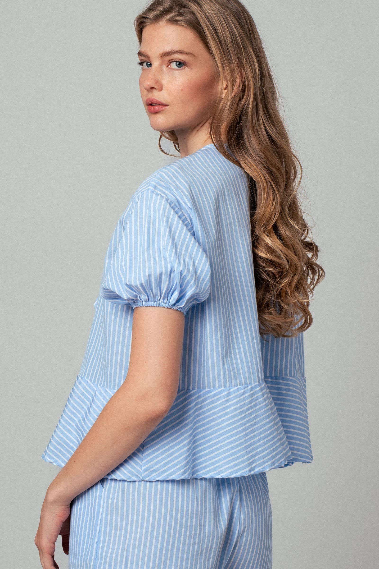 Urban Daizy Striped Tie-Front Puff Sleeve Two-Piece Set Sage-Stripe Top & Short Set (NOT Loungewear) - Women's (UDZ-AC-00224) – alternate view 4