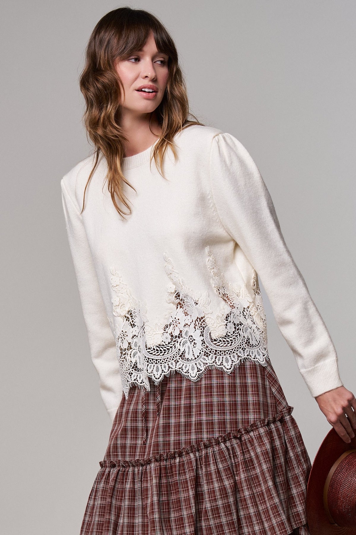 Lace Trim Knit Sweater with Floral Hem Detail in IVORY - Women's Sweaters | Urban Daizy