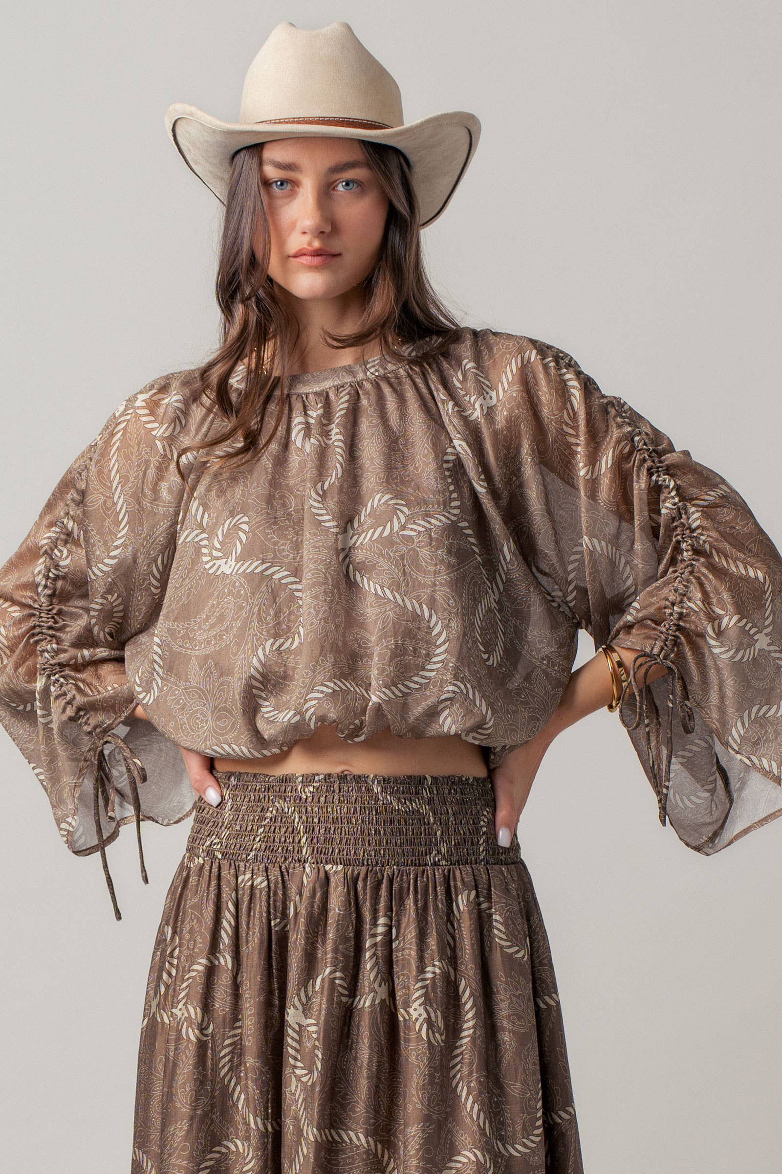 Rope Print Ruched Sleeve Blouse Linen Silk Blend