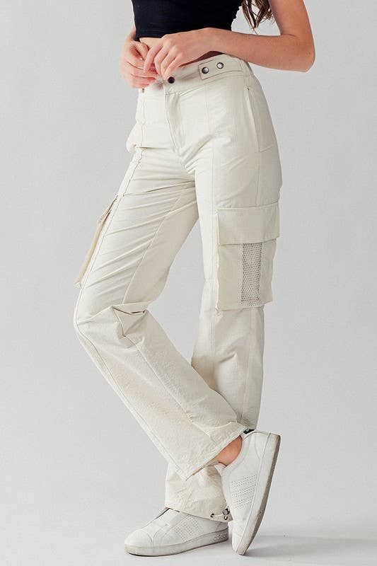 High Waist Mesh Pocket Elastic Cuff Adjustable Cargo Pants