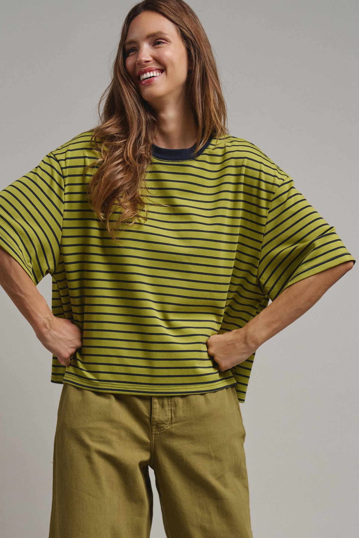 Oversized Striped Contrast Neck Boxy Tee