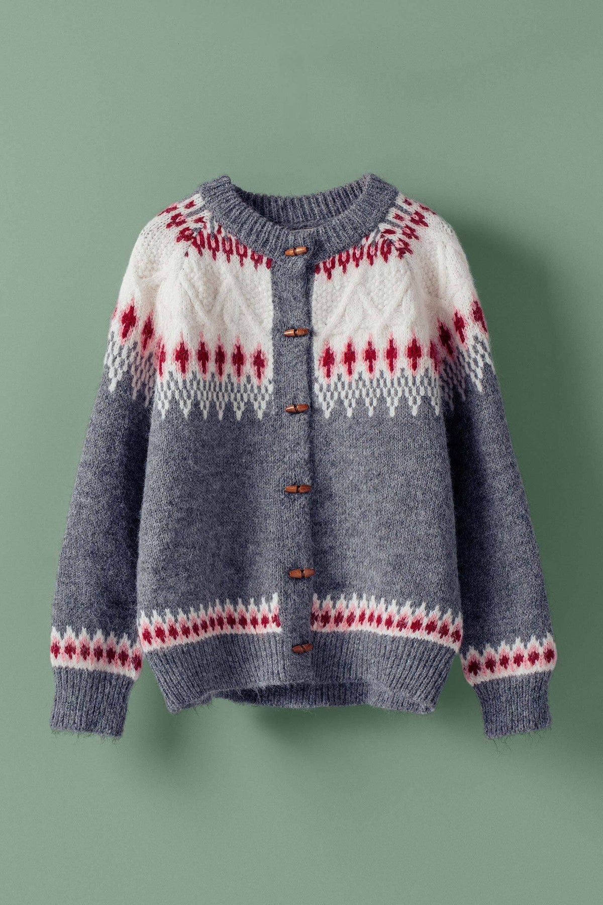 Nordic Pattern Wool Blend Toggle Cardigan