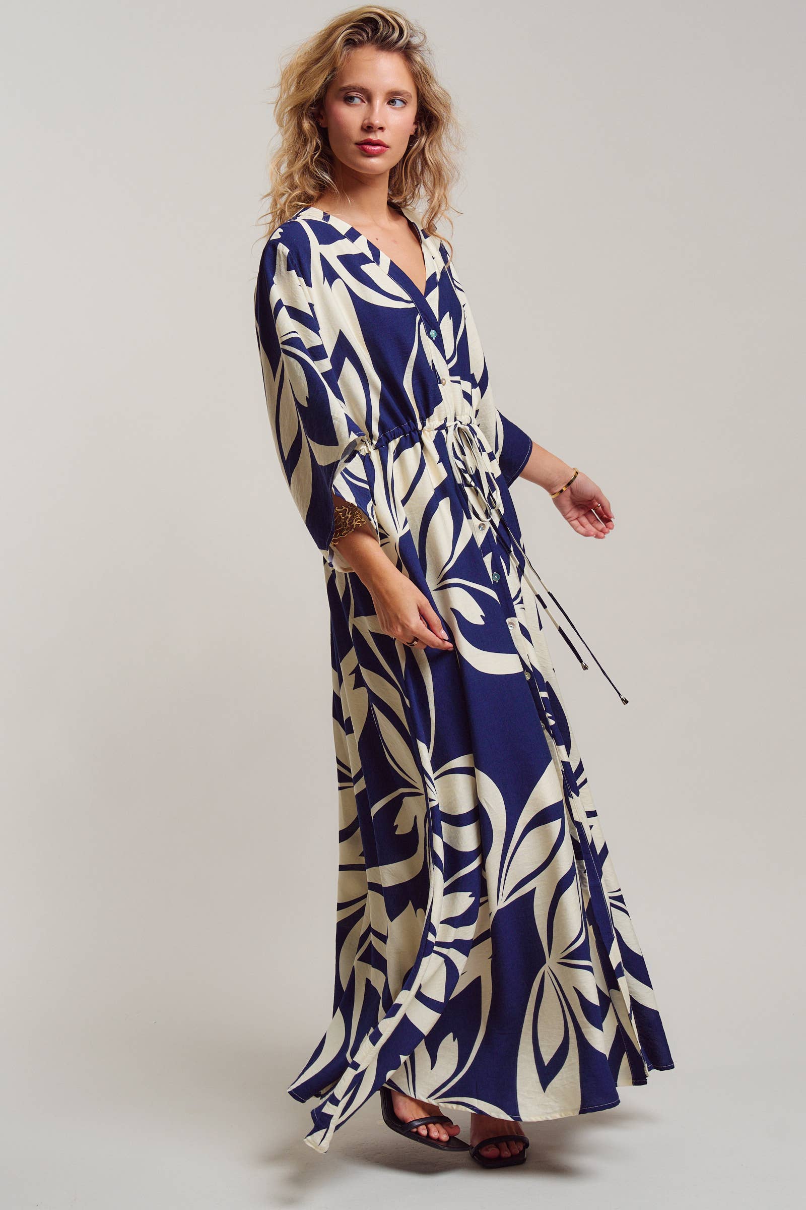 Urban Daizy Navy Abstract Leaf Print Caftan Maxi Dress Navy Dress - Women's (TNDR1631-Navy) – alternate view 7