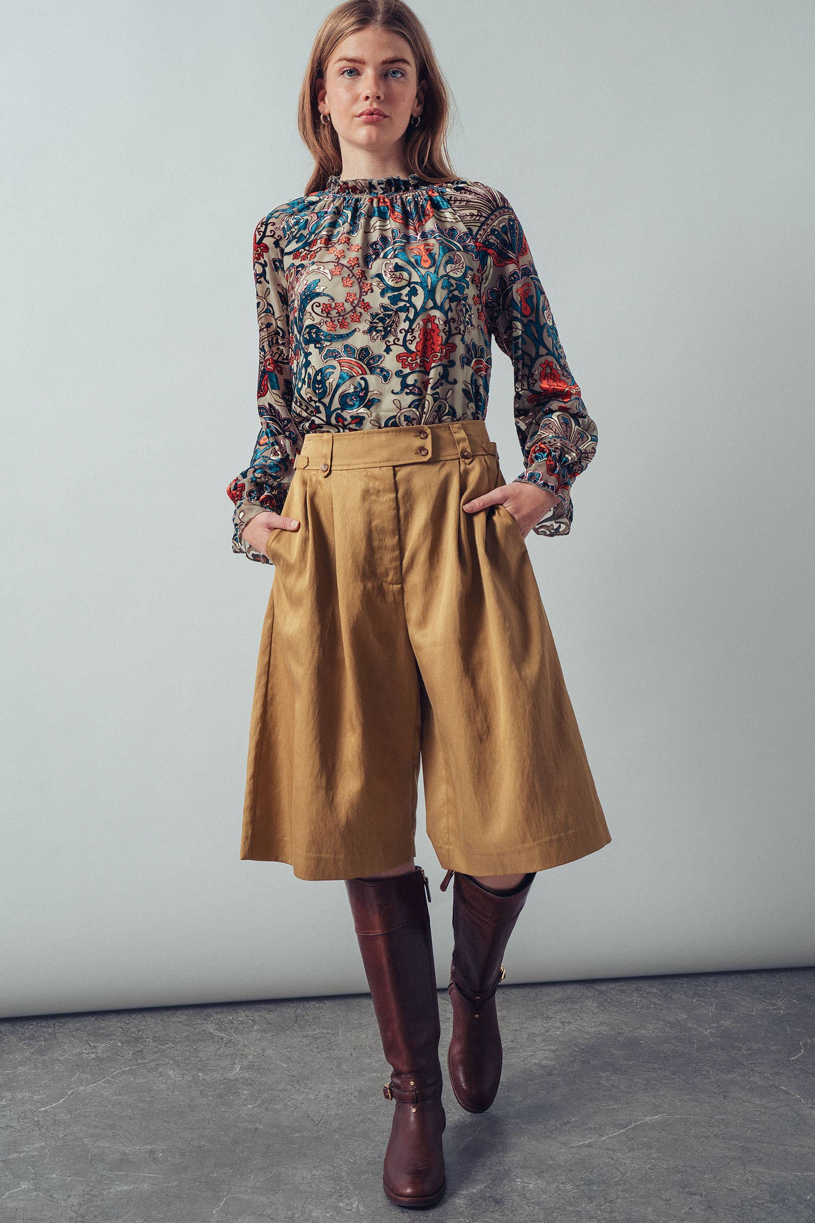 Burnout Velvet Smocked Mock Neck Blouse