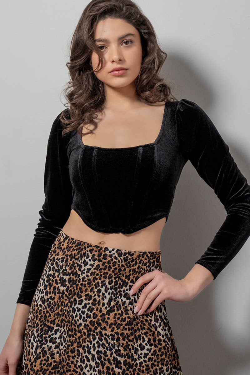 Urban Daizy Velvet Corset Hem Cropped Long Sleeve Top Black Blouse - Women's (TNTP3742-Black) – alternate view