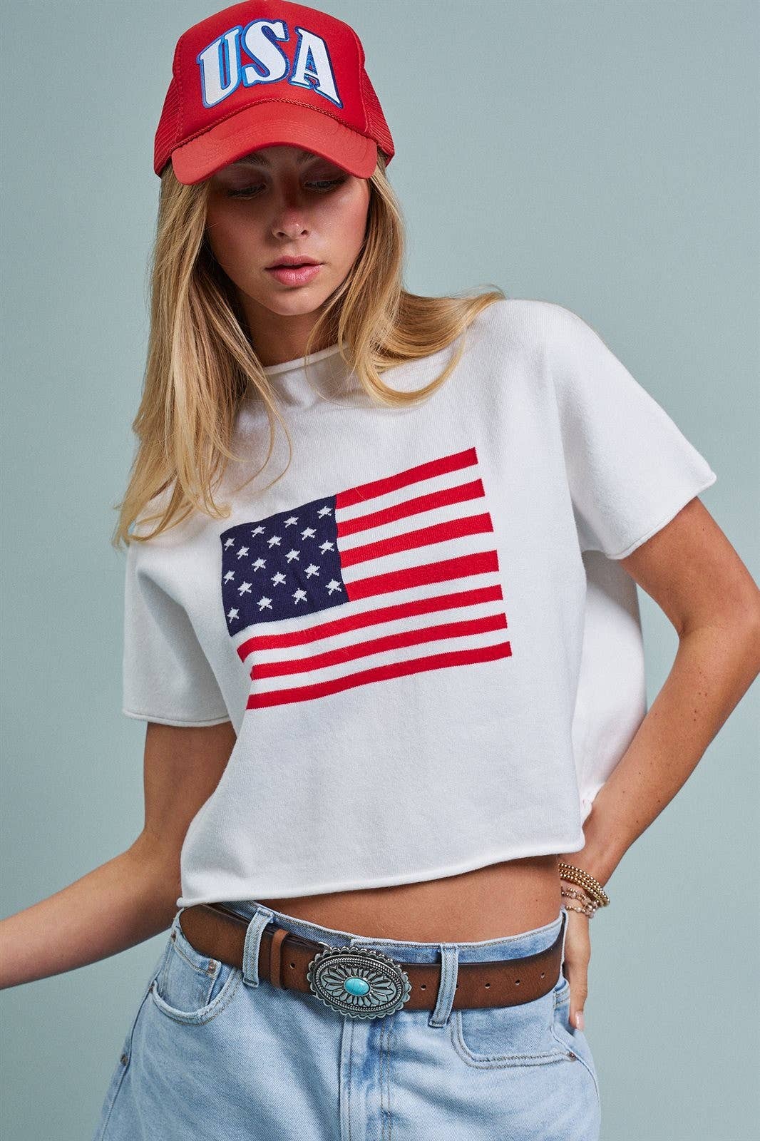 Urban Daizy American Flag Graphic Raw Edge Crop Tee White T-Shirt (Graphic) - Women's (UDZ-TP-01083-White) – alternate view 2
